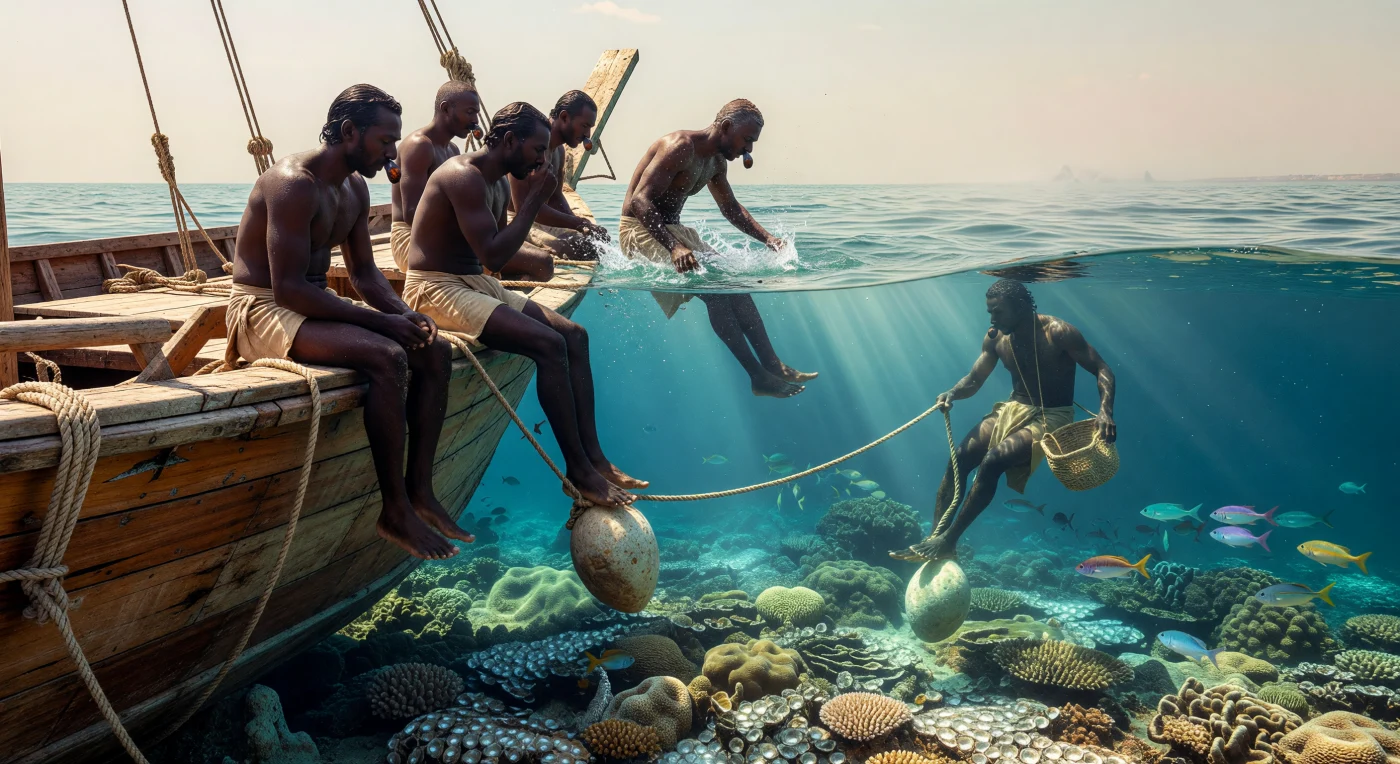 This scene depicts the arduous life of pearl divers in the Persian Gulf circa 1200 AD, a vital industry that fueled the global luxury trade during the High Middle Ages. Divers are shown descending from a traditional sewn-plank dhow—constructed without iron nails—using heavy limestone weights and tortoiseshell nose clips called *fitam* to reach the oyster-rich seafloors. Without modern breathing apparatus or goggles, these mariners relied on exceptional physical endurance and natural fiber mesh baskets (*dayyin*) to harvest the *Pinctada radiata* oysters that produced the region's world-renowned pearls.