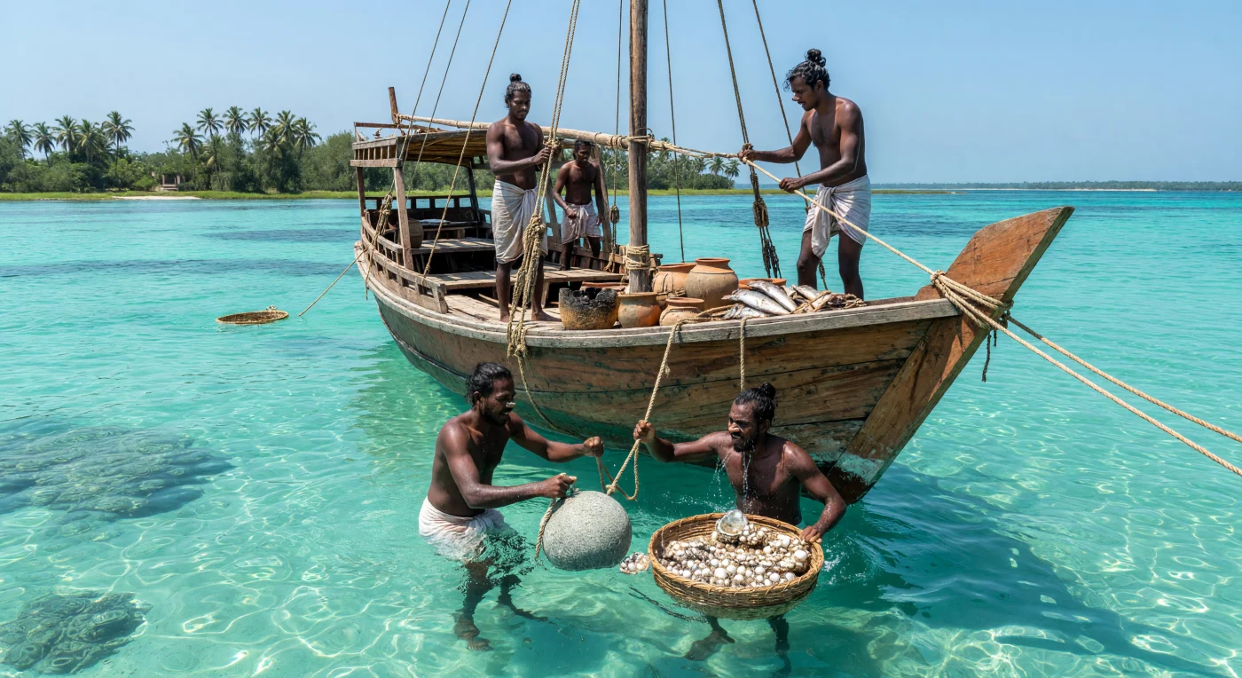 Dravidian pearl divers labor from a stitched-hull teak dhow in the crystalline waters of the Gulf of Mannar, utilizing granite weights to accelerate their descent toward the seabed. During the 15th century, these fisheries were a vital hub of the Indian Ocean trade, employing traditional breath-holding techniques to harvest oysters for the wealthy courts of the Vijayanagara Empire and global markets. The scene illustrates the sophisticated maritime technology of the era, featuring vessels held together by hand-twisted coir ropes and laborers equipped only with simple cotton dhotis and bone nose-clips.