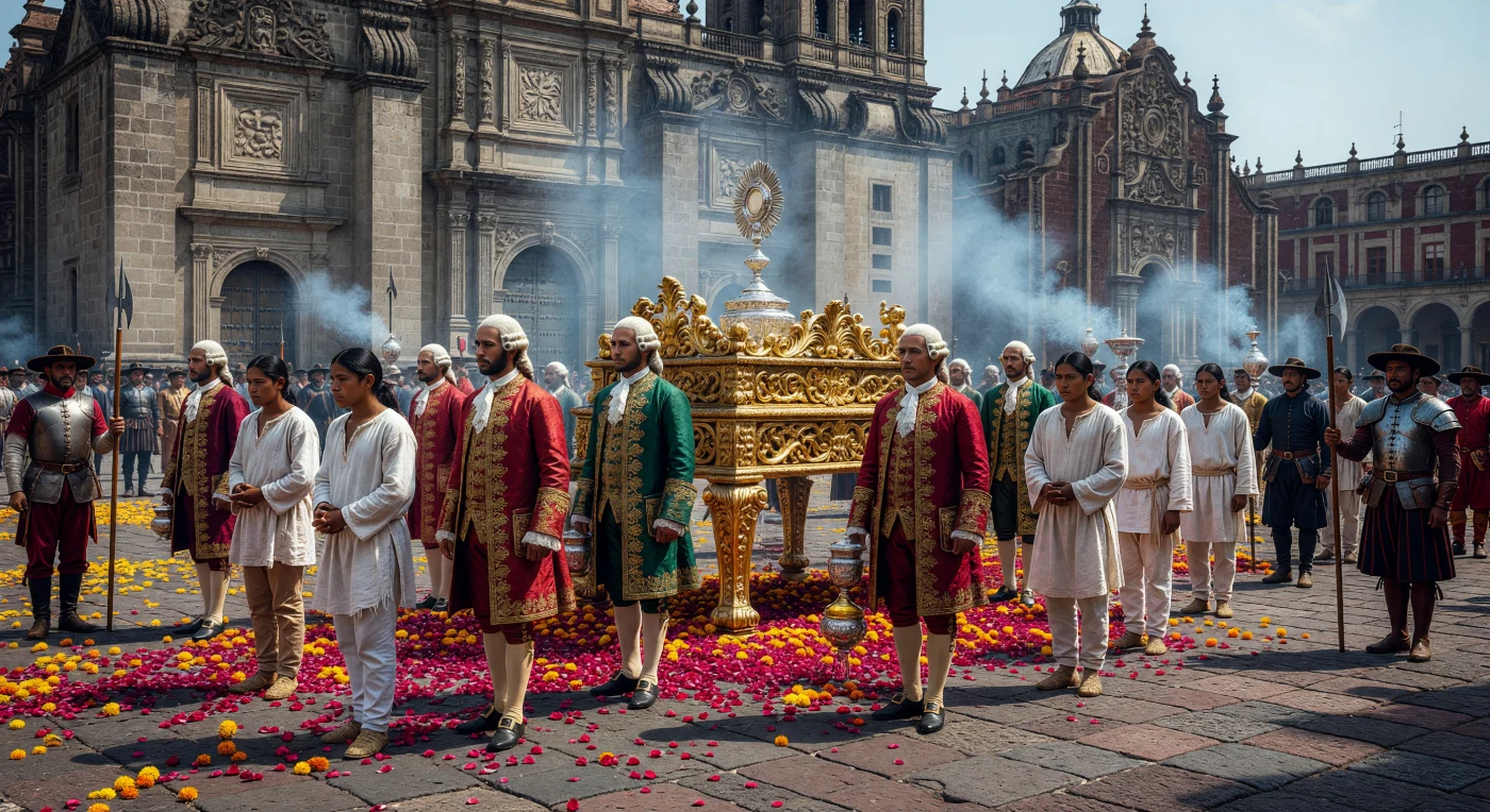 This scene depicts the Corpus Christi procession in Mexico City’s Zócalo circa 1750, a vibrant display of the complex social and religious hierarchy in New Spain. Elite Peninsulares in ornate silk justacorps walk alongside Indigenous Nahua converts in humble cotton tunics, illustrating the stark contrast between the colonial ruling class and the native population. The backdrop of the Baroque cathedral, built from local red volcanic stone (tezontle), and the hazy smoke of copal incense reflect the unique fusion of European traditions and American materials that defined the era.