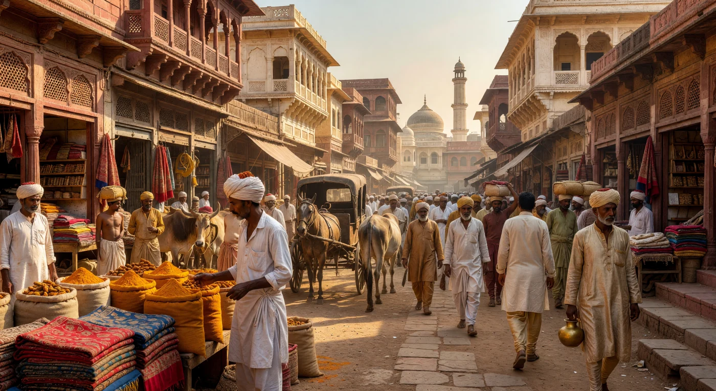A bustling scene in Delhi’s Chandni Chowk circa 1835, where merchants trade in fine pashmina shawls and turmeric amidst the city’s iconic red sandstone and lime-plastered architecture. Intricate stone jali balconies overlook a thoroughfare crowded with diverse social classes, from laborers in simple dhotis to elites in silk achkans and hand-wrapped pagris. This tableau illustrates the vibrant commercial heart of North India during the transition from Mughal authority to British colonial influence, capturing the sensory richness of the era's textiles and craftsmanship.