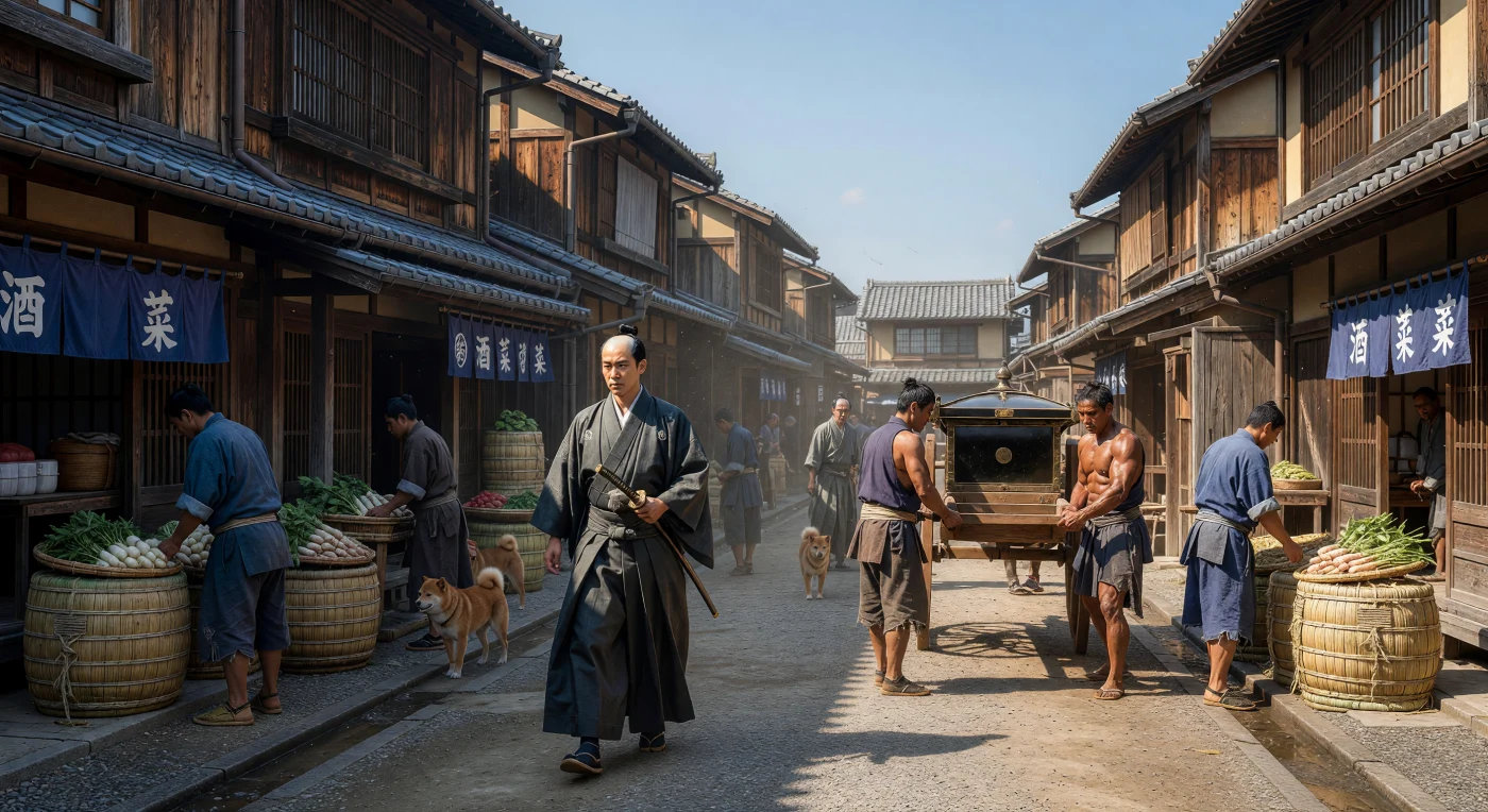 18세기 중반 일본 에도의 번화한 상가 거리를 담은 이 장면은 검은 목조 가옥인 마치야와 정교한 기와지붕이 늘어선 당시의 역동적인 도시 풍경을 생생하게 보여줍니다. 화면 속에는 신분의 상징인 두 자루의 칼을 찬 사무라이가 위엄 있게 거닐고 있으며, 그 곁으로 정교한 칠기 가마를 멘 가마꾼들과 남색 노렌이 걸린 상점들이 어우러져 활기찬 아침의 일상을 그려냅니다. 이 모습은 당대 세계 최대 규모의 도시 중 하나였던 에도의 경제적 번영과 엄격한 계급 구조가 공존하던 에도 시대 특유의 사회상을 잘 나타내고 있습니다.
