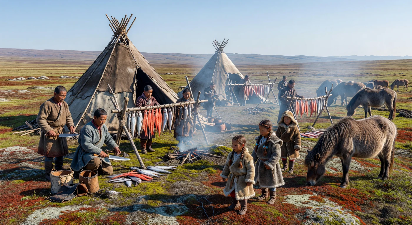 An 18th-century Evenk nomadic camp is depicted on the Siberian tundra during the brief summer thaw, where families gather to prepare yukola (dried fish) on wooden racks for the coming winter. Conical chums made of reindeer hide provide portable shelter, while shaggy Yakut horses graze on the nutrient-rich mosses and lichens of the permafrost. This scene illustrates the traditional Tungusic lifestyle, characterized by a deep reliance on reindeer products and seasonal fishing, which persisted even as the Russian Empire expanded its influence through the fur trade. Smudge fires burn throughout the camp to protect both people and livestock from the tundra’s relentless summer insects, a vital necessity for survival in this high-latitude environment.