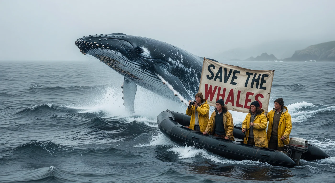 This scene captures the raw intensity of 1970s environmental activism as conservationists in a small inflatable boat encounter a breaching humpback whale in the North Atlantic. Dressed in period-accurate yellow PVC oilskins and heavy wool knitwear, the activists display the iconic "Save the Whales" slogan, a hallmark of the burgeoning direct-action movement. These maritime protests were instrumental in shifting global public opinion, ultimately contributing to the 1982 international moratorium on commercial whaling.