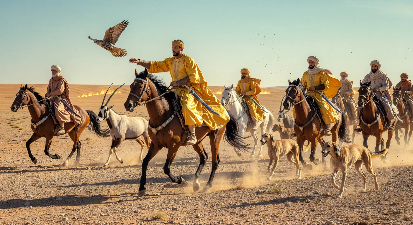 This scene depicts a 9th-century Abbasid noble engaged in the "tard," or desert hunt, a prestigious pastime that served as both a display of wealth and a demonstration of martial skill during the Islamic Golden Age. The hunter, dressed in a luxurious saffron-dyed silk kaftan, coordinates a sophisticated pursuit using a Saker falcon and feathered Saluki hounds to track an Arabian oryx across the arid gravel plains. Every element, from the straight-edged crucible steel sword to the refined Arabian horse, reflects the immense prosperity and the vast trade networks of a Caliphate that integrated cultures from Central Asia to the Mediterranean.