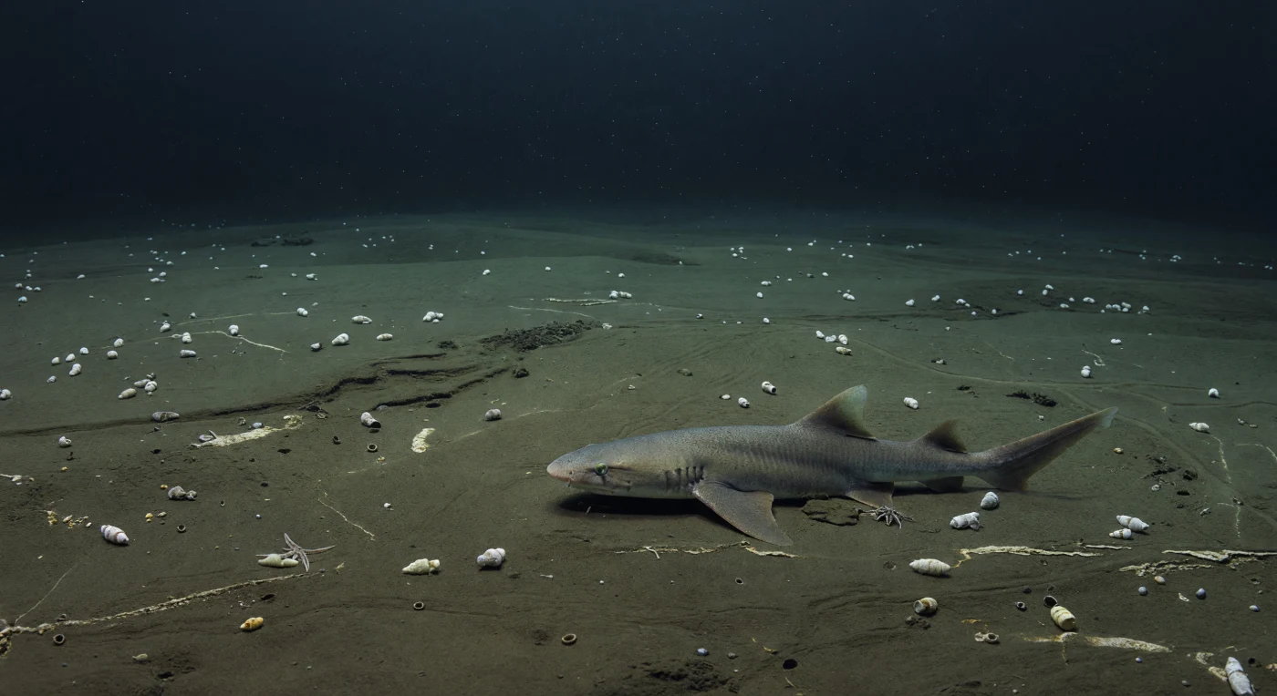 On the abyssal seafloor during the Paleocene–Eocene Thermal Maximum, about 56 million years ago, a dim blue-gray water column hangs over olive-brown mud scattered with the partially dissolved shells of planktonic foraminifera. Sparse benthic animals—such as a brittle star, a small sea cucumber, and a few burrow traces—reflect the ecological stress of warming, acidified, oxygen-poor deep waters, while a Hexanchus-like sixgill shark glides slowly above the bottom. The scene illustrates how rapid carbon release during the PETM shoaled the carbonate dissolution horizon, reducing shell preservation across deep-ocean basins.