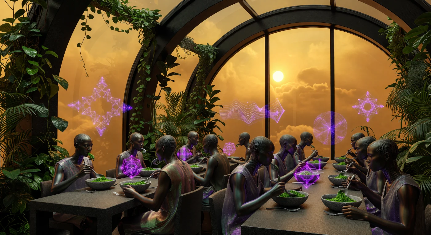 In this communal hall within the Ishtar Cloud-City, Aeros-humans dine 52 kilometers above the Venusian surface during the late 22nd century. Modified with melanin-rich skin and pulmonary symbionts to survive the harsh environment, these inhabitants consume nutrient-dense spirulina synthesized directly from the planet’s carbon-rich atmosphere. Outside the acid-resistant graphene windows, the perpetual amber haze is augmented by violet synesthetic overlays, which translate sulfuric wind shear into visible geometric fractals. This scene illustrates the sophisticated biological and technological adaptations of the Convergence era, allowing humanity to thrive within the temperate high-altitude bands of Venus.