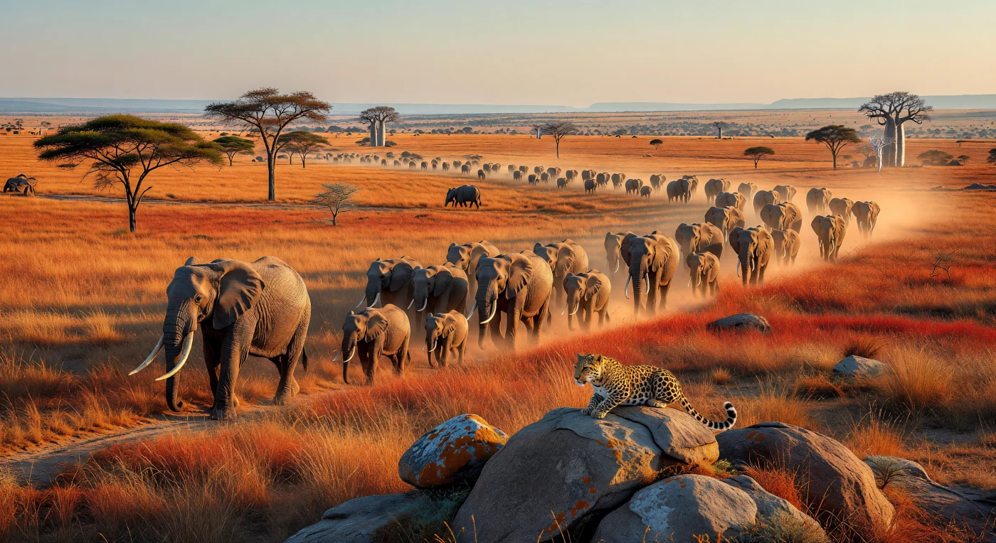 A majestic matriarch leads a vast herd of African bush elephants across the sun-drenched plains of the East African savanna during the late 19th century. This scene captures the primordial wilderness of the Rift Valley before the encroachment of colonial infrastructure, showcasing a landscape where wildlife moved freely across ancient migratory corridors. The matriarch's impressive ivory tusks reflect a gene pool largely unaffected by the selective pressures of industrial poaching that would intensify in the following decades. In the foreground, a solitary leopard observes the procession from a granite kopje, illustrating the complex predator-prey dynamics of an ecosystem largely untouched by modern development.