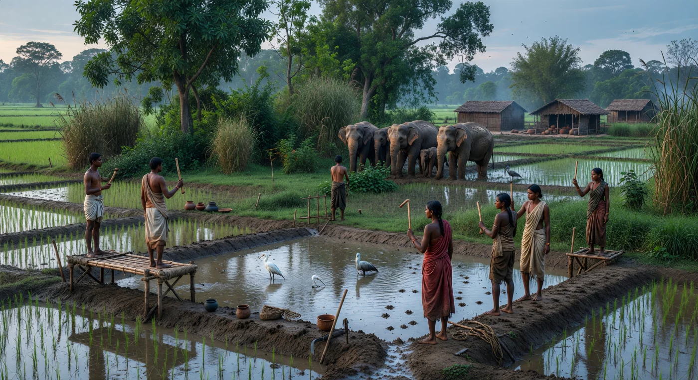 À beira húmida da floresta no médio vale do Ganges, por volta de 600–500 a.C., cultivadores vigiam arrozais alagados empoleirados em simples plataformas de madeira e bambu, agitando chocalhos de bambu fendilhado para afastar uma pequena manada de elefantes asiáticos que sai cautelosamente entre árvores de sal, caniços e matagais encharcados. As garças brancas, as pegadas frescas de búfalos selvagens e os canais lamacentos de irrigação revelam a extraordinária riqueza animal desta fronteira agrícola. A cena capta um momento da Idade do Ferro no leste do norte da Índia, quando aldeias em expansão no mundo dos mahājanapadas avançavam sobre bosques e pântanos, obrigando pessoas e grandes animais a disputar a mesma paisagem fértil.