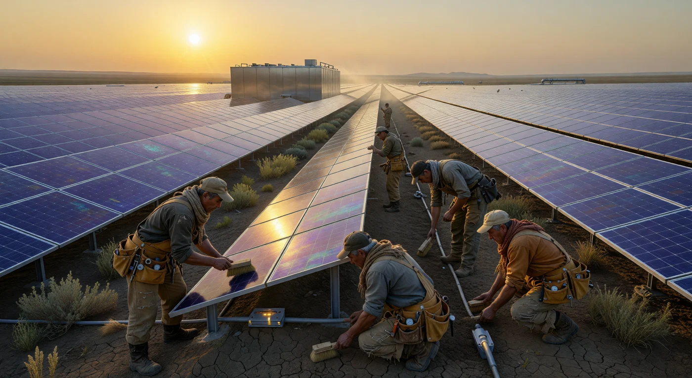 Durante la era del Amanecer Aumentado (2050-2100), la estepa de la Federación Euroasiática se convirtió en un vasto nodo energético donde humanos Solidaristas (*Homo sapiens* no aumentados) custodian la Red-Helios. En esta escena, los operarios inspeccionan manualmente arreglos de perovskita y silicio, alternando el mantenimiento de tecnología avanzada con el cuidado de cultivos de trigo genéticamente estabilizado. Este registro histórico ilustra la persistencia del trabajo biológico frente a la escala monumental de la infraestructura del siglo XXI, fusionando la tradición manual con las arterias energéticas que sostuvieron a la civilización.