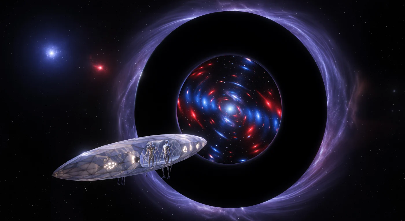 In this scene from the era of Cosmic Maturity (c. 60,000 CE), a 500-kilometer Alcubierre-Visser Lattice composed of stabilized degenerate neutronium creates a localized warp in space-time to facilitate faster-than-light transit. A 5-kilometer-long diamond-lattice vessel approaches the gate, its hull reflecting the contrasting light of a binary system's blue giant and red dwarf stars while the interior lens distorts distant galaxies into vibrant blueshifted and redshifted streaks. Onboard, Post-Biological Exo-Sapiens—highly evolved descendants of humanity with synthetic integuments and fiber-optic neural networks—prepare for a leap across the Integrated Galaxy. This monumental structure represents the pinnacle of post-scarcity engineering, where the mastery of exotic matter allowed the human lineage to become the primary architects of the local galactic group.