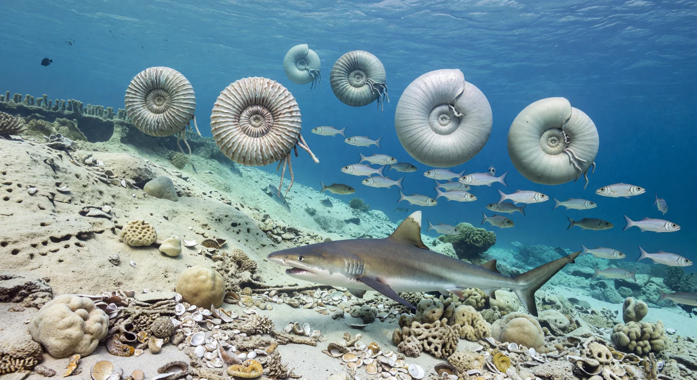Au bord d’une plate-forme carbonatée équatoriale de la Téthys, il y a environ 100 à 90 millions d’années au Crétacé supérieur, des ammonites Acanthoceras aux côtes épineuses et de grandes Puzosia plus lisses dérivent dans les eaux chaudes et limpides au-dessus de la pente récifale. Autour d’elles scintillent des bancs d’Enchodus, poissons prédateurs aux célèbres “crocs”, tandis qu’en contrebas un requin Squalicorax d’environ 4 m patrouille au-dessus d’un talus calcaire semé de coquilles, de débris de rudistes et de monticules d’éponges. Cette scène restitue un monde marin tropical dominé par des récifs à rudistes plutôt que par les coraux modernes, où céphalopodes, poissons osseux et requins prospéraient dans une mer ancienne aujourd’hui disparue.