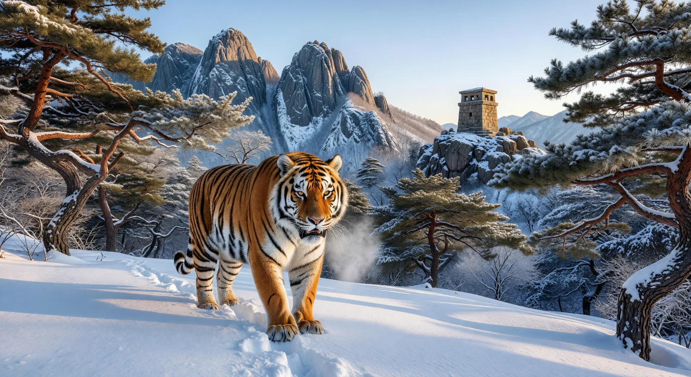 Een imposante Siberische tijger sluipt door de diepe sneeuw van een woud vol Koreaanse rode dennen, tegen de achtergrond van de ijzige granieten pieken van het Hamgyong-gebergte. In de verte markeert een stenen signaaltoren (Bongsu) de strategische noordgrens van het 16e-eeuwse Korea tijdens de Joseon-dynastie. Dit tafereel illustreert de brute pracht van de Oost-Aziatische wildernis, waar deze machtige roofdieren symbool stonden voor de ontembare natuurkrachten die de grenzen van het koninkrijk omringden.