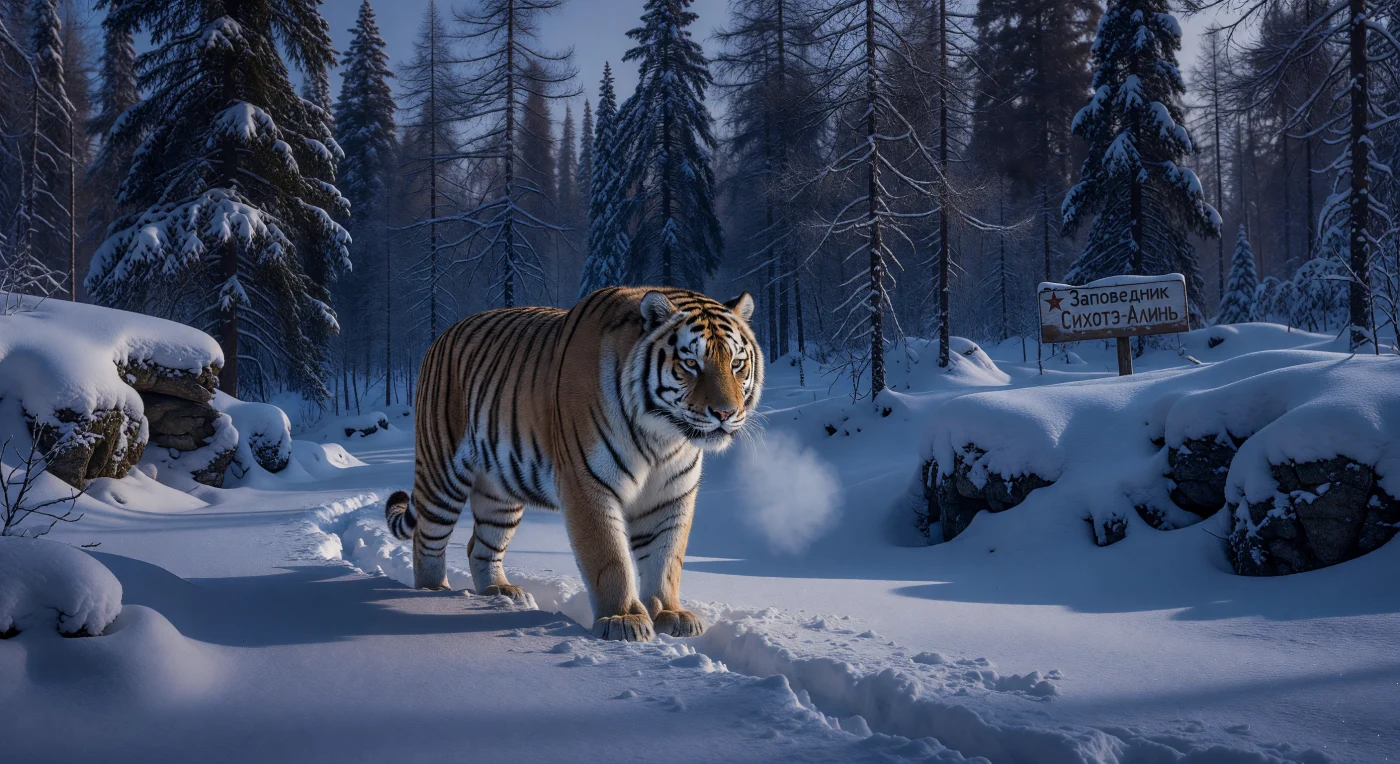 Ein majestätischer Amur-Tiger mit dichtem Winterfell schleicht durch die verschneite Taiga des Sichote-Alin-Gebirges, wobei sein blasses Ocker einen markanten Kontrast zu den tiefblauen Schatten der sibirischen Wälder bildet. Diese Szene fängt die unberührte Wildnis der 1980er Jahre ein, in der ein schneebedeckter Grenzpfosten eines sowjetischen „Sapowednik“-Naturschutzgebiets auf die staatlichen Bemühungen zum Erhalt dieser bedrohten Art hinweist. Die Darstellung im Stil eines zeitgenössischen Naturfilms verdeutlicht die stille Kraft des Raubtiers in einer Ära, in der Sibirien zwischen industrieller Erschließung und strengem Naturschutz stand.