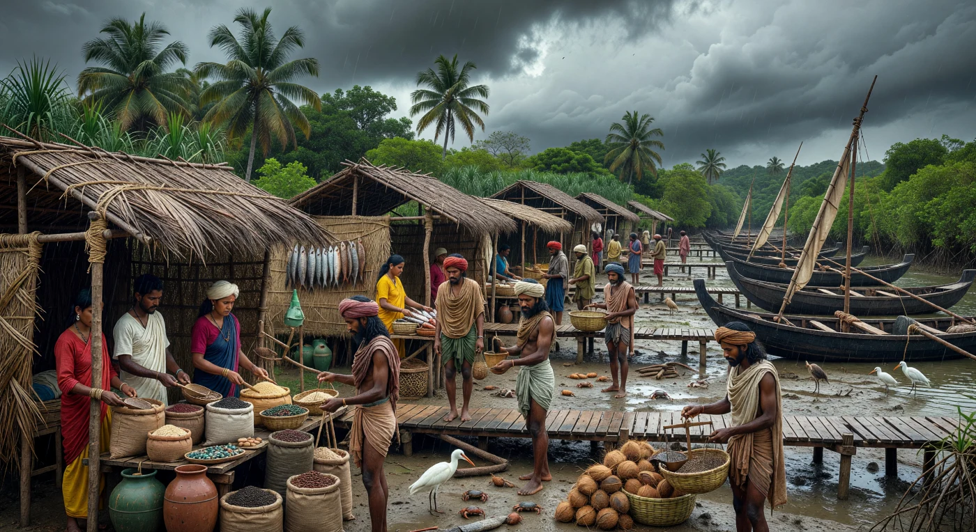 On the western coast of India in the late 1st century BC, a monsoon-season market unfolds beside a tidal estuary where merchants, fish sellers, and boatmen trade pepper, rice, coconuts, and dried fish under palm-thatch shelters. Sewn-plank boats with coir-lashed hulls crowd the brackish channels, reflecting the maritime technologies that linked coastal communities of the Arabian Sea long before the better-documented Roman trade boom of the 1st century AD. The scene evokes a humid, working shoreline economy shaped by seasonal rains, local fishing, and the early networks of Indian Ocean exchange.