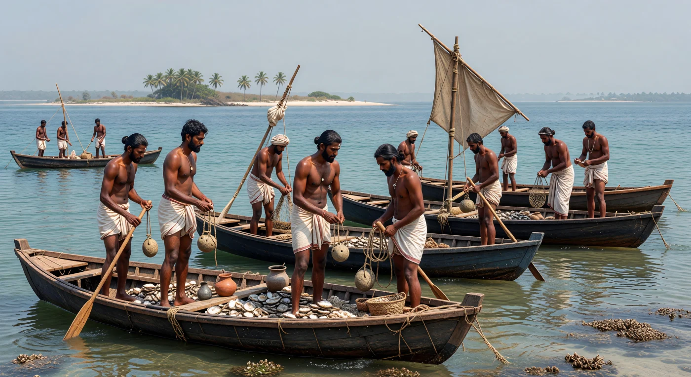 Pearl fishers work the shallow banks of the Gulf of Mannar from sewn-plank wooden boats, preparing stone diving weights, coir ropes, and baskets for the harvest of oyster shells. In the late 1st millennium BC, these waters between Tamilakam and northern Sri Lanka were already famed for their pearls, a resource that linked local fishing communities to wider networks of trade across South Asia and the Indian Ocean. The scene reflects an early maritime world shaped by skilled labor, tropical coastal ecology, and long-standing exchange between the southern Indian mainland and Sri Lanka.