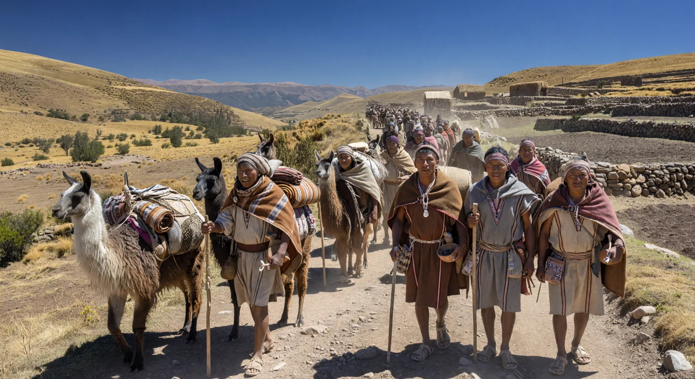 Op deze koude hoogvlakte van de Andes, in het zuiden van het huidige Peru rond 200 v.Chr.–1 n.Chr., leiden handelaars een karavaan van met lasten beladen lama’s over een smal puna-pad tussen stenen terrassen en geel ichu-gras. Hun wollen mantels, geweven hoofddoeken en zorgvuldig vastgebonden vracht—textiel, gedroogde vis en kostbare Spondylus-schelpen—tonen hoe lama’s het hart vormden van langeafstandshandel tussen kust, hoogland en het Titicacabekken. De scène laat een wereld zien zonder paarden of wielen, maar met verfijnde weefkunst, berglandbouw en goed georganiseerde routes die Andese samenlevingen al eeuwenlang met elkaar verbonden.