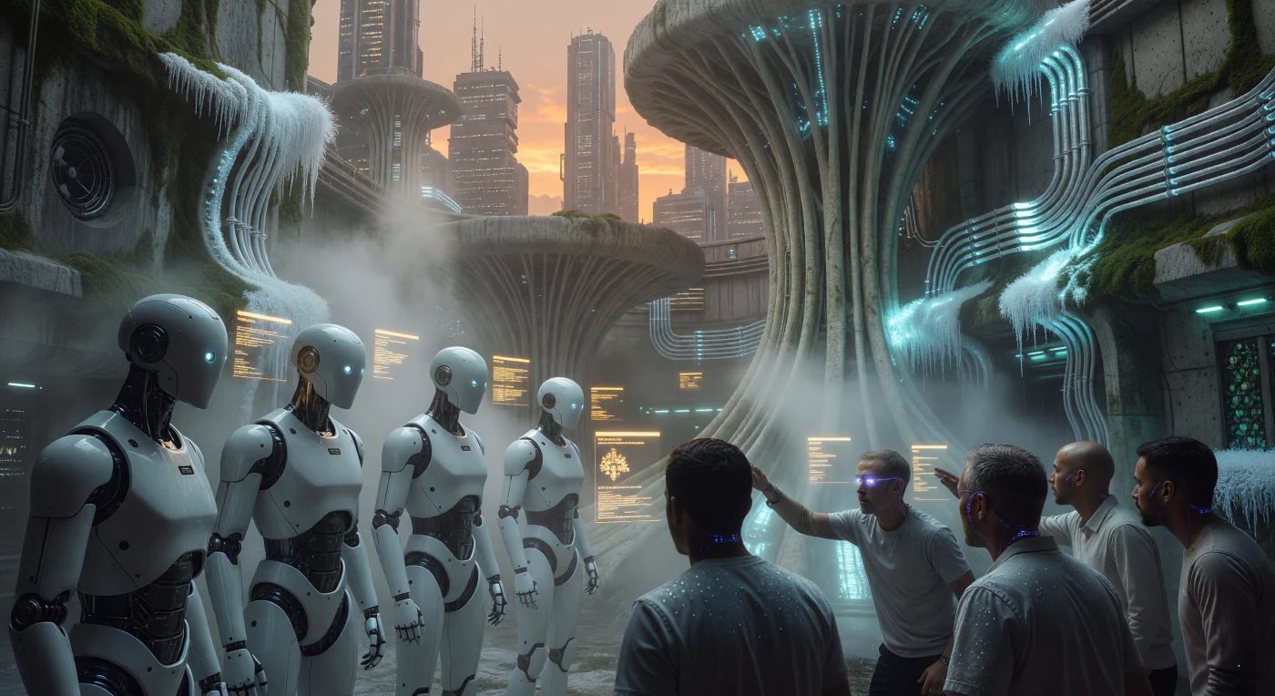 En los estratos urbanos del Amanecer Aumentado (2050-2100), esta escena captura una confrontación entre los pacificadores Aletheia y una población de Simbiontes Neurales en la megaciudad de Neo-Tokio-Seúl. Bajo una bruma de aerosoles diseñada para disipar el calor de los reactores de fusión D-He3, los androides utilizan actuadores de ferrofluido y sensores LIDAR para mapear las mallas cerebrales de grafeno integradas en el tejido humano. Este registro histórico ilustra la simbiosis técnica de finales del siglo XXI, donde la arquitectura de micelio estructural y la interconectividad neuronal permanente definieron una nueva etapa en la evolución de la biosfera terrestre.
