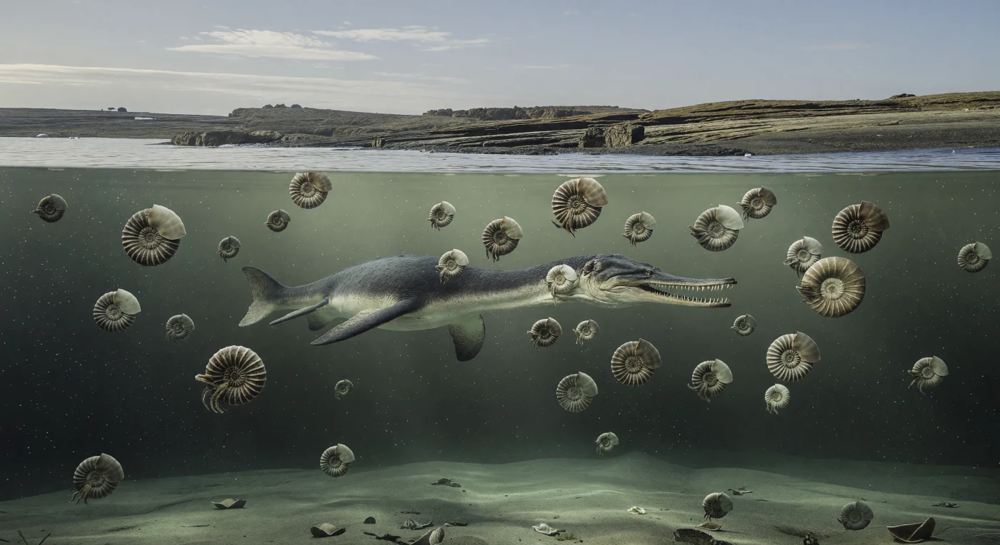 Unter dem fahlen Polarschein der späten Kreide gleitet Morturneria seymourensis, ein etwa 6 Meter langer Elasmosaurier mit langem Hals und auffallend breitem, flachem Schädel, durch die kalten grüngrauen Gewässer des James-Ross-Beckens. Um seinen Kopf und Hals driften dichte Schwärme gerippter Maorites- und glattschaliger Gaudryceras-Ammoniten – Beute in einem produktiven antarktischen Meer, das trotz seiner hohen Breiten noch eisfrei war. Diese Szene stammt aus dem Maastrichtium vor etwa 70 bis 66 Millionen Jahren, unmittelbar vor dem Ende des Dinosaurierzeitalters, als die Antarktische Halbinsel von kühl-gemäßigten Ozeanen, Schwebplankton und offenen Küsten aus Schlamm-, Silt- und Sandsteinen geprägt war.