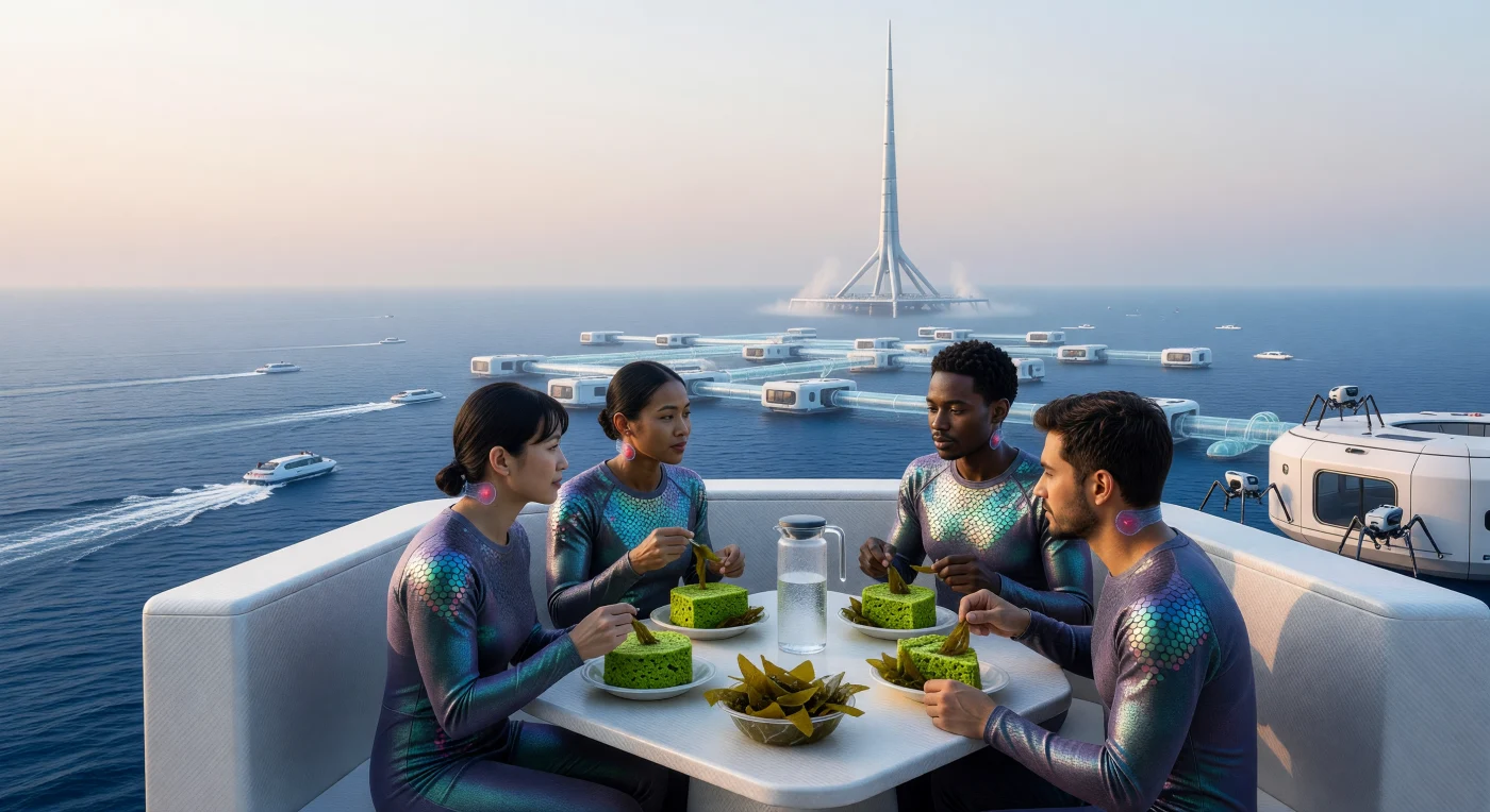 A family of aqua-augmented humans shares a meal of bio-engineered spirulina and CRISPR-edited kelp on a floating carbon-fiber seastead during the "Threshold" era (c. 2050). Their iridescent pressure-suits and synthetic S-Gills represent the biological and technological adaptations necessary for life during the "Blue Acceleration," a period of intense maritime industrialization and residency. In the background, massive Ocean Thermal Energy Conversion (OTEC) platforms pierce a milky, opalescent sky—a permanent haze caused by stratospheric aerosol injection used to regulate the planet's temperature.