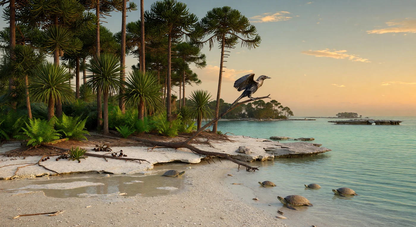 At the edge of a low limestone island in the Solnhofen-type Tethyan archipelago, a small Archaeopteryx perches on an araucarian branch above a sheltered lagoon as marine turtles of the genus Plesiochelys crawl ashore through carbonate mud and oolitic sand. This scene represents the Late Jurassic, about 150 million years ago, when warm, shallow seas flooded much of Europe and supported reef-fringed islands with conifer woodland, cycads, bennettitaleans, and osmundaceous ferns. Together, these organisms capture a transitional world of primitive birds, marine reptiles, and gymnosperm-dominated coastal habitats before the rise of flowering plants.