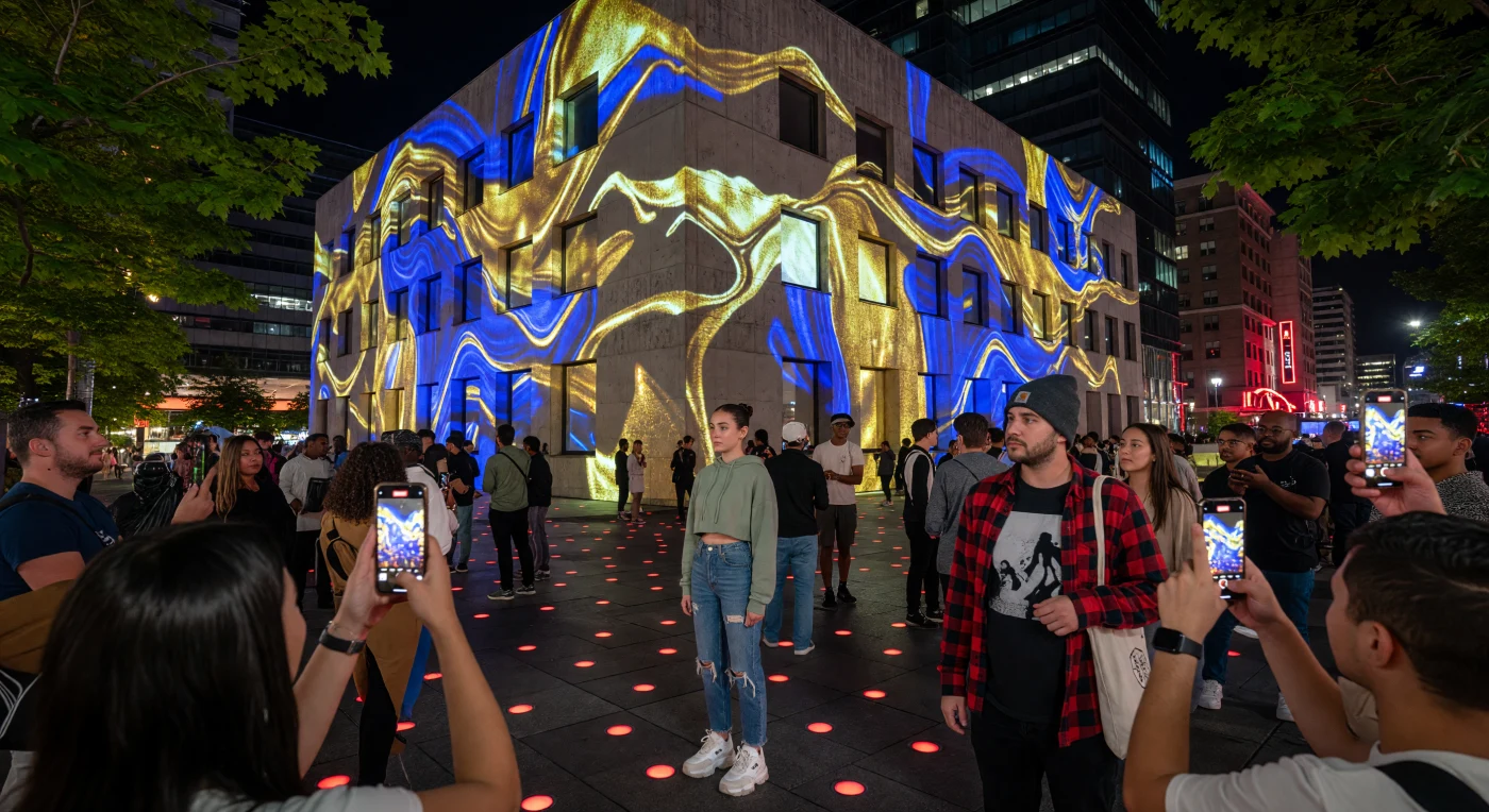 Inmitten des pulsierenden Montrealer Quartier des Spectacles während des Mural Festivals (ca. 2018–2022) verwandelt eine monumentale Projektion von Moment Factory die brutalistische Betonfassade eines Gebäudes in ein fließendes Kunstwerk aus flüssigem Gold und Kobaltblau. Diese Szene verdeutlicht die charakteristische Verschmelzung von physischer Architektur und digitaler Medienkunst im frühen 21. Jahrhundert, während ein divers geprägtes Publikum in zeitgenössischer Urban-Fashion das Ereignis unmittelbar über Smartphones mit der digitalen Welt teilt. Die leuchtenden roten LED-Kreise des „Luminous Pathway“ am Boden unterstreichen die Transformation des städtischen Raums in eine interaktive Erlebniswelt, die beispielhaft für die technologische Beschleunigung und die kulturelle Dynamik des Digitalen Zeitalters steht.
