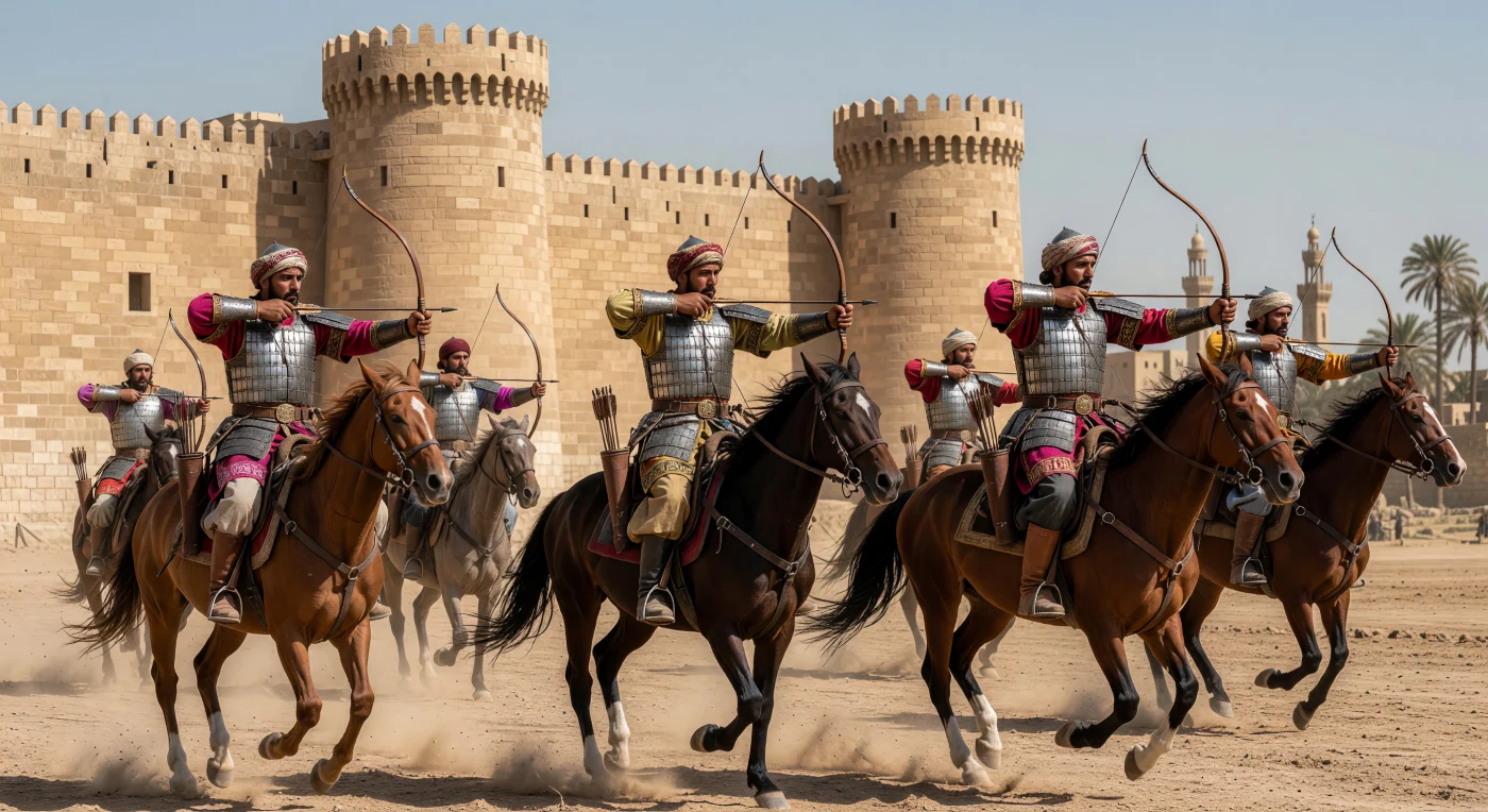 In questa vivida ricostruzione del XIII secolo, cavalieri mamelucchi di origine turca perfezionano l’arte del tiro con l’arco composito all’ombra delle monumentali fortificazioni ayyubidi del Cairo. Indossando armature lamellari in ferro sopra raffinate tuniche in seta, questi soldati d'élite eseguono con precisione il celebre tiro partico mentre i loro destrieri sollevano nuvole di polvere dal terreno arido. La scena illustra la disciplina e la potenza militare della casta dei soldati-schiavi, pilastri difensivi del mondo islamico capaci di resistere alle incursioni dei crociati e dei mongoli.