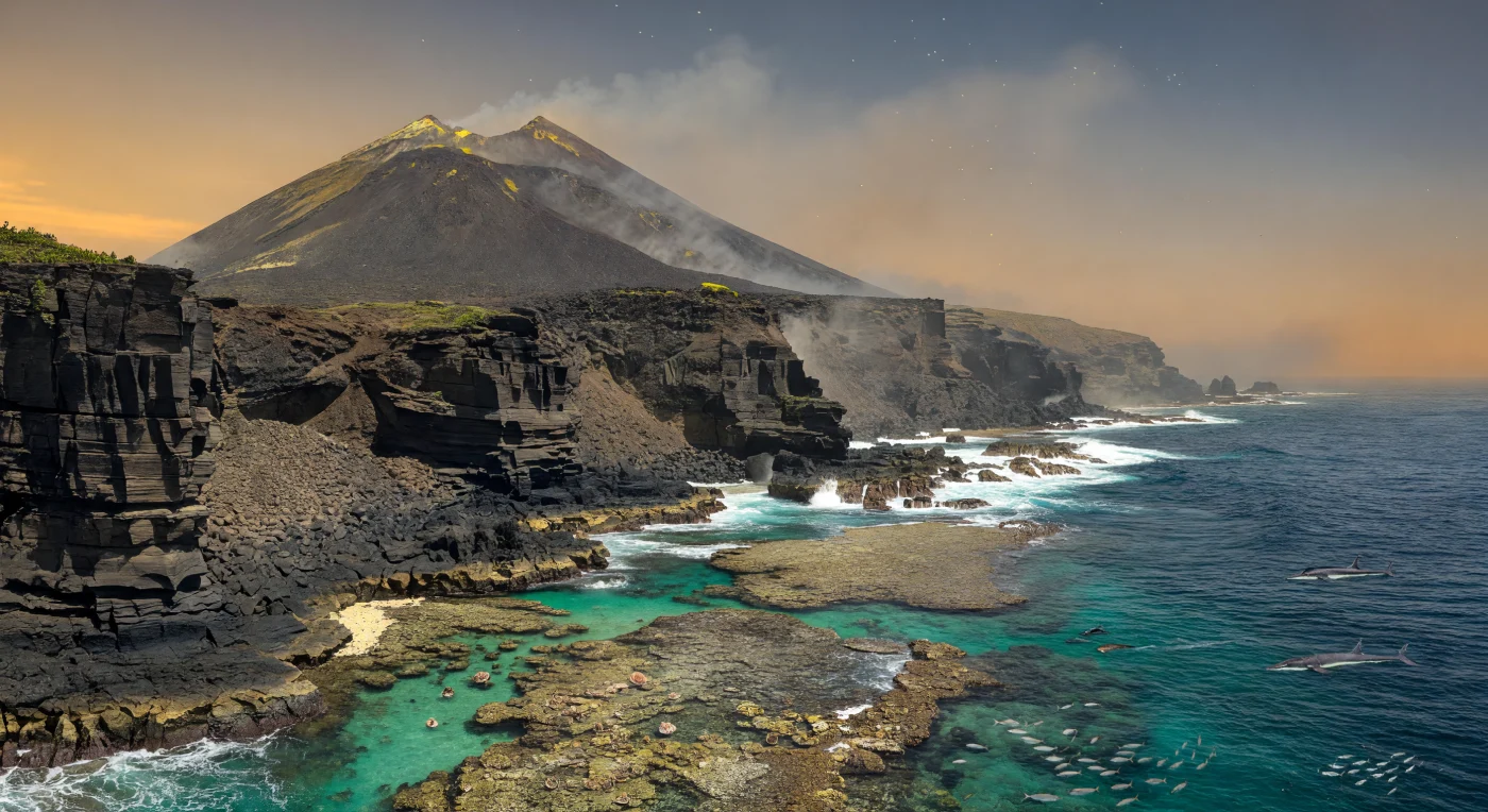 Ao largo de um arco insular vulcânico da Panthalassa, há cerca de 230–210 milhões de anos no Triássico Superior, erguem-se falésias negras de basalto e um estratovulcão andesítico fumegante, enquanto a rebentação turquesa se desfaz sobre uma estreita franja recifal. Nas águas rasas e límpidas, pequenos amonoides derivam sobre um recife ainda primitivo, construído por corais escleractínios e esponjas calcárias, entre peixes neopterygians ágeis que cintilam junto ao rebordo. Mais além, para lá das ondas, surgem ictiossauros de médio porte, como mixossáuridos ou formas aparentadas a Cymbospondylus, lembrando que este imenso oceano global rodeava a Pangeia e escondia ecossistemas marinhos ricos ao longo de costas tectonicamente violentas.