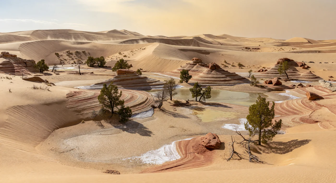 In the Late Permian, around 260–252 million years ago, central Pangaea included immense interior deserts where wind built towering cross-bedded dunes under an intensely arid climate. This scene shows a vast erg of oxidized red and ochre sands, with cracked playa mud, halite and gypsum crusts, and only sparse drought-tolerant conifers such as Walchia and Ullmannia surviving in interdune washes. Such landscapes reflect the extreme continental dryness that developed on the Permian supercontinent shortly before the end-Permian mass extinction, the most severe biodiversity crisis in Earth’s history.