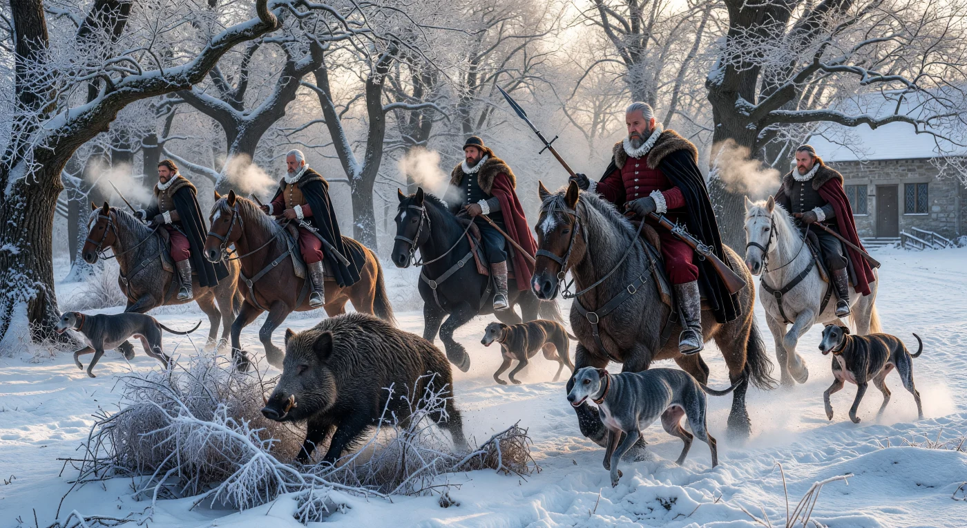 This scene depicts a late 16th-century aristocratic boar hunt in Northern Europe, set against the brutal climate of the Little Ice Age. Noblemen in period-accurate attire—including fur-lined doublets and starched lace ruffs—pursue their quarry with greyhounds and specialized cross-guarded spears designed to withstand a boar's charge. The presence of a matchlock harquebus and the weathered, pockmarked faces of the hunters reflect the intersection of emerging technology and the harsh physical realities of Renaissance life.