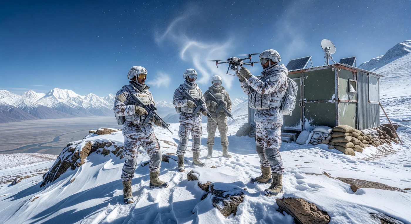 Indian Army soldiers conduct a high-altitude patrol along a rugged Himalayan ridgeline in Ladakh, utilizing a tactical quadcopter drone to monitor the vast Indus River valley below. Clad in advanced Extreme Cold Weather Clothing System (ECWCS) gear with digital snow-camouflage, these troops represent the modernization of border security in the 21st-century "Digital Age." The presence of a solar-powered modular bunker and satellite equipment highlights the integration of sustainable technology and global connectivity within the world’s highest and most formidable military frontier.