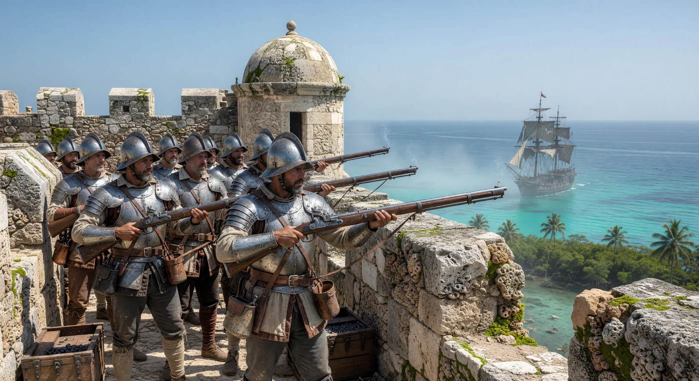 Sur les remparts de calcaire et de corail d’un fort bastionné des Caraïbes à la fin du XVIe siècle, des arquebusiers espagnols scrutent l’horizon turquoise pour intercepter un navire pirate au loin. Revêtus de morions d’acier et de plastrons marqués par l’oxydation saline, ces soldats manient de lourdes arquebuses à mèche, leurs bandoulières garnies de réserves de poudre prêtes au combat. Cette scène illustre la réalité brutale de la frontière coloniale durant la Renaissance, où la défense des richesses impériales reposait sur ces sentinelles isolées face aux menaces constantes de la mer.