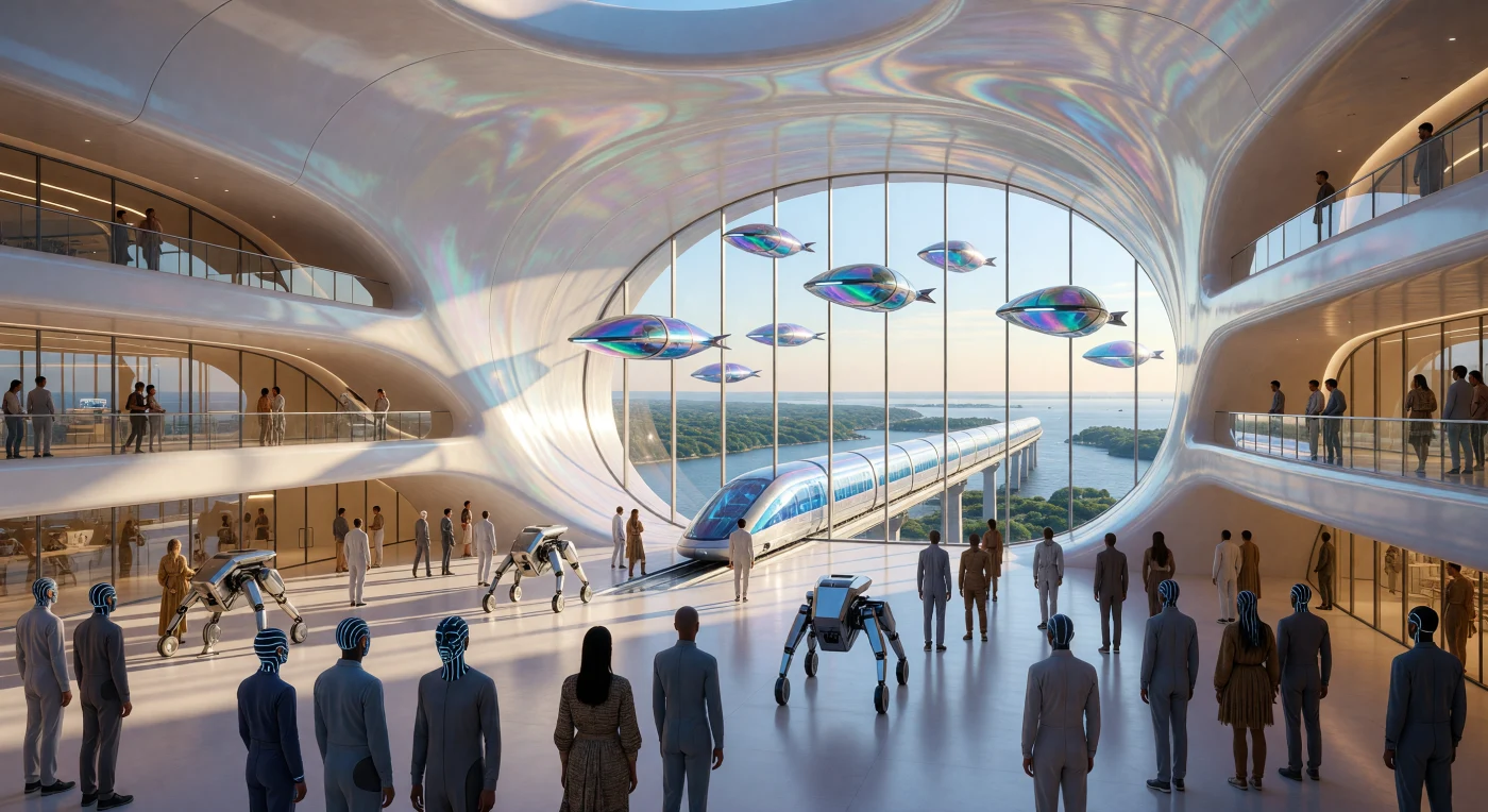 En esta vista del Terminus VTM de Manhattan hacia el año 2084, se observa la convergencia de la humanidad "Optima" y los ciudadanos "Aumentados" bajo una imponente arquitectura de cerámica molecular autolimpiante. Bajo las aguas del estuario, un túnel de levitación magnética brilla con la luminiscencia de la fusión nuclear, mientras la atmósfera recuperada refleja el éxito de la restauración climática con niveles de 380 ppm de CO2. Esta era del Amanecer Aumentado marca un punto de inflexión en la historia de la biosfera, donde la integración de redes neuronales de grafeno y la edición genética germinal redefinieron el nicho ecológico de la especie humana en un entorno de ingeniería extrema.