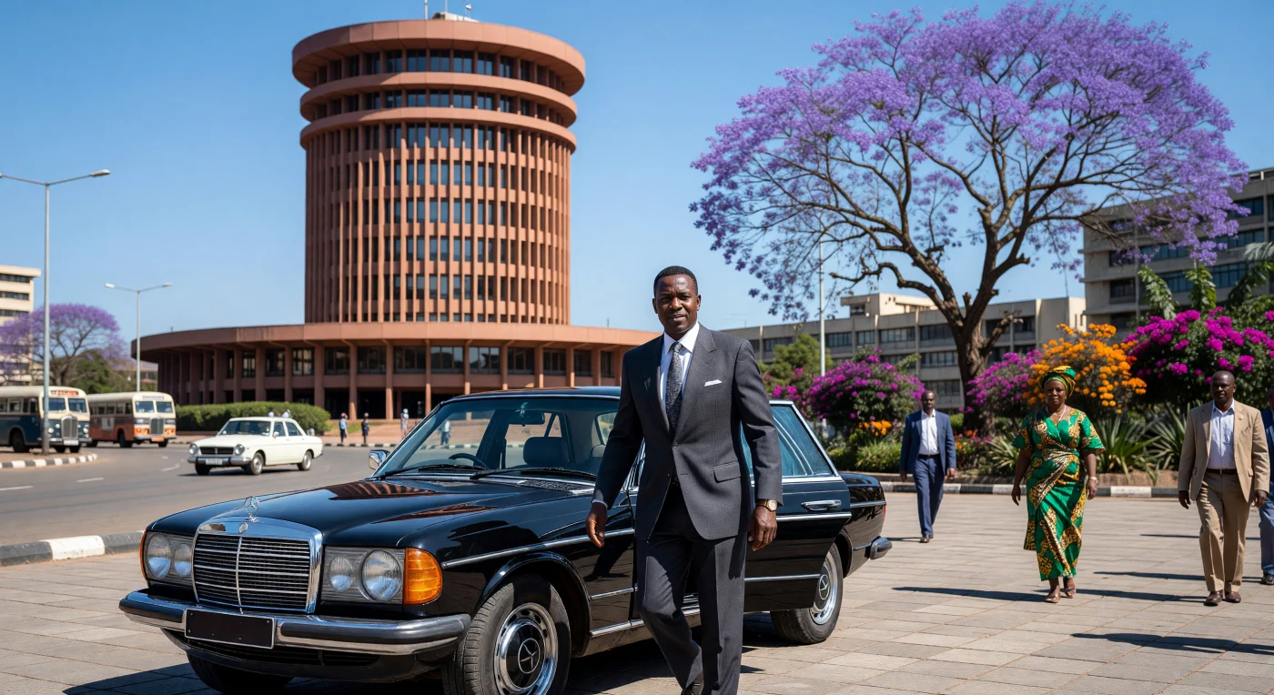 Un empresario keniano de la etnia kikuyu desciende de un pulcro Mercedes-Benz W123 frente al icónico Centro de Convenciones Internacional Kenyatta en la Nairobi de 1978. La escena captura el apogeo del "Modernismo Tropical", un estilo arquitectónico de concreto reforzado y sombras geométricas que reflejaba el optimismo y la sofisticación de la era post-independencia. El uso del automóvil de lujo identifica al protagonista como parte de la élite "WaBenzi", término acuñado para la nueva clase alta que definió el dinamismo social de la "Ciudad bajo el Sol" durante esta década de transformación.