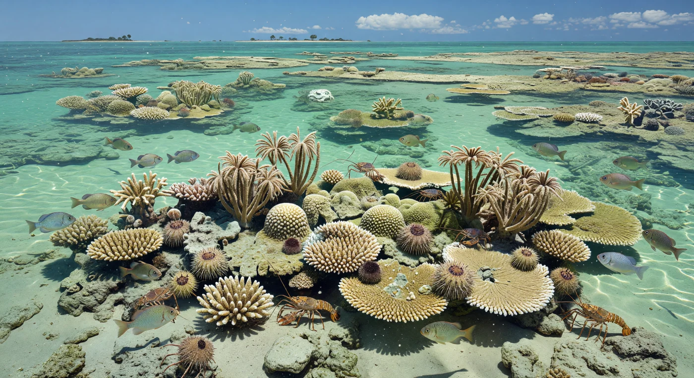 En los mares someros y cálidos de la Europa del Jurásico tardío, hace aproximadamente 160–145 millones de años, pequeños arrecifes de coral formados por Thecosmilia, Isastrea y Thamnasteria se alzaban sobre una plataforma carbonatada de laurasia bañada por aguas claras color aguamarina. Entre las colonias coralinas se mueven langostas Glyphea, erizos espinosos Cidaris, elegantes crinoideos Pentacrinites y bancos de Dapedium de cuerpo discoidal, componiendo un ecosistema marino muy distinto de los arrecifes modernos, pero igualmente vibrante. La escena revela un antiguo mar tropical influido por el Tetis, donde la luz del sol danzaba sobre arenas calcáreas y comunidades que prosperaron mucho antes de la aparición de los peces de arrecife actuales.