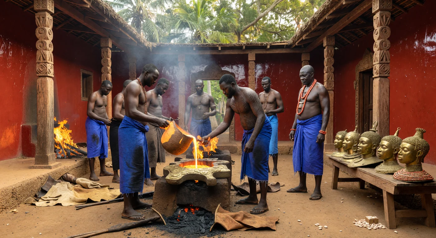 No coração da cidade de Benin, no século XV, mestres artesãos Edo utilizam a sofisticada técnica da cera perdida para fundir cabeças monumentais em latão destinadas aos altares ancestrais do Oba. O pátio de argila vermelha polida pulsa com o calor das fornalhas, onde o metal incandescente é vertido com precisão em moldes cerâmicos sob a supervisão de ferreiros adornados com contas de coral, símbolo de alto status. Esta cena captura o apogeu da excelência metalúrgica e artística do Reino do Benim, cujas esculturas naturalistas permanecem como testemunhos duradouros do poder e da linhagem real na África Ocidental medieval.