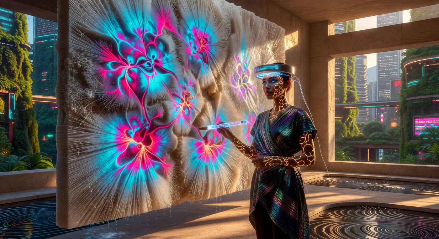 Nesta cena datada de 2042, durante o período de transição conhecido como O Limiar (2025–2050), observamos a convergência radical entre a cognição humana e o reino Fungi na megalópole Lagos-Mumbai. Um artista "Promptista", adornado com tatuagens de luciferase e vestes de *Myco-Silk*, utiliza uma interface neural para projetar pensamentos em um substrato vivo de micélio, gerando padrões de Turing e pigmentos neon que florescem em tempo real. Este registro documental exemplifica a Grande Bifurcação da metade do século XXI, onde a distinção entre o design digital e o crescimento biológico orgânico se dissolveu em uma simbiose tecnológica sem precedentes.