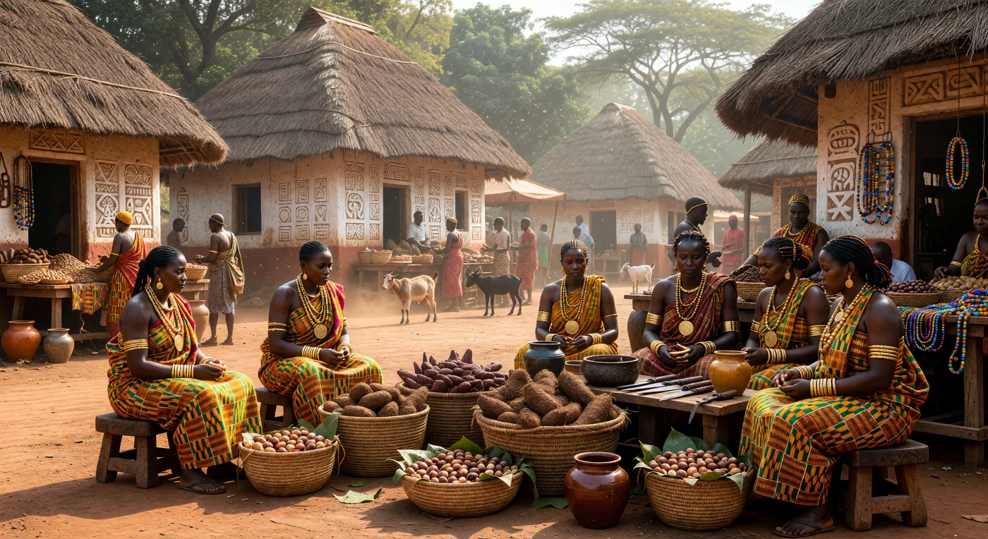 This scene captures the commercial vitality of 18th-century Kumasi, the capital of the Asante Empire, where female traders preside over stalls of forest yams and kola nuts. The women wear prestigious hand-woven kente cloth and elaborate gold ornaments, signaling the immense wealth the empire derived from its control of regional gold fields and trade routes. In the background, traditional wattle-and-daub architecture is embellished with intricate geometric bas-reliefs, showcasing the sophisticated artistic and symbolic language of the Akan people at the height of their imperial power.