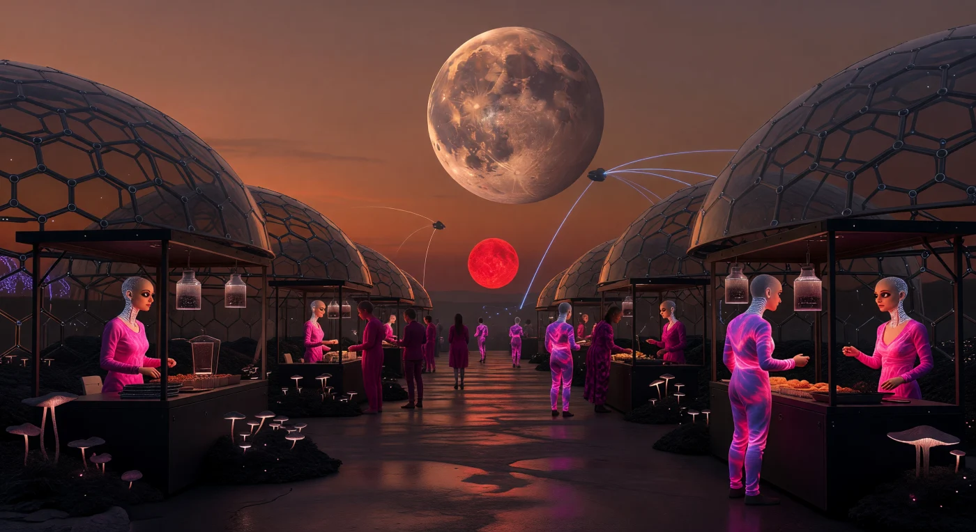 In this reconstruction of the Interstellar Dawn (c. 3000–5000 CE), we observe a twilight market in the habitable Terminator Zone of TRAPPIST-1e, where the massive silhouette of sister planet TRAPPIST-1d looms in a perpetual ochre sky. Members of the Atmos lineage, bio-engineered with synthetic alveoli and light-sensitive pupils, navigate stalls of nutrient slurries beneath protective obsidian-glass domes reinforced with carbon-nanotube lattices. The environment is dominated by the low-energy, deep-red radiation of the ultra-cool dwarf star TRAPPIST-1, necessitating the jet-black, light-absorbent pigments seen in the engineered Tower-Fungi and Glimmer-Moss. This scene illustrates the sophisticated biological and technological adaptation of post-humanity to the unique orbital resonance and tidal locking of the Septem-Virate system.