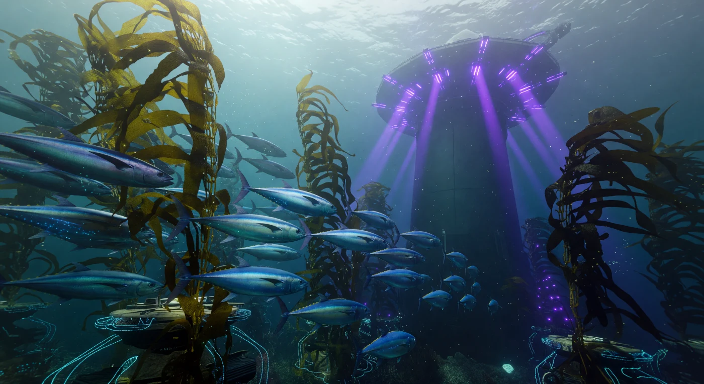 Durante a era do "Limiar" (2025–2050), os oceanos da Terra tornaram-se ecossistemas gerados pela engenharia, marcando uma transição radical no registro geológico conhecida como "Aceleração Azul". Nesta paisagem, um cardume de atuns-rabilho (*Thunnus thynnus*) aprimorados por CRISPR navega entre algas gigantes (*Macrocystis gigas*) geneticamente modificadas para o sequestro massivo de carbono, ancoradas em recifes de cerâmica simbiótica. Sob a luz rítmica de plataformas de conversão de energia térmica (OTEC), esta simbiose entre biotecnologia e infraestrutura industrial revela o esforço humano para estabilizar a biosfera em um mundo em rápida transformação.