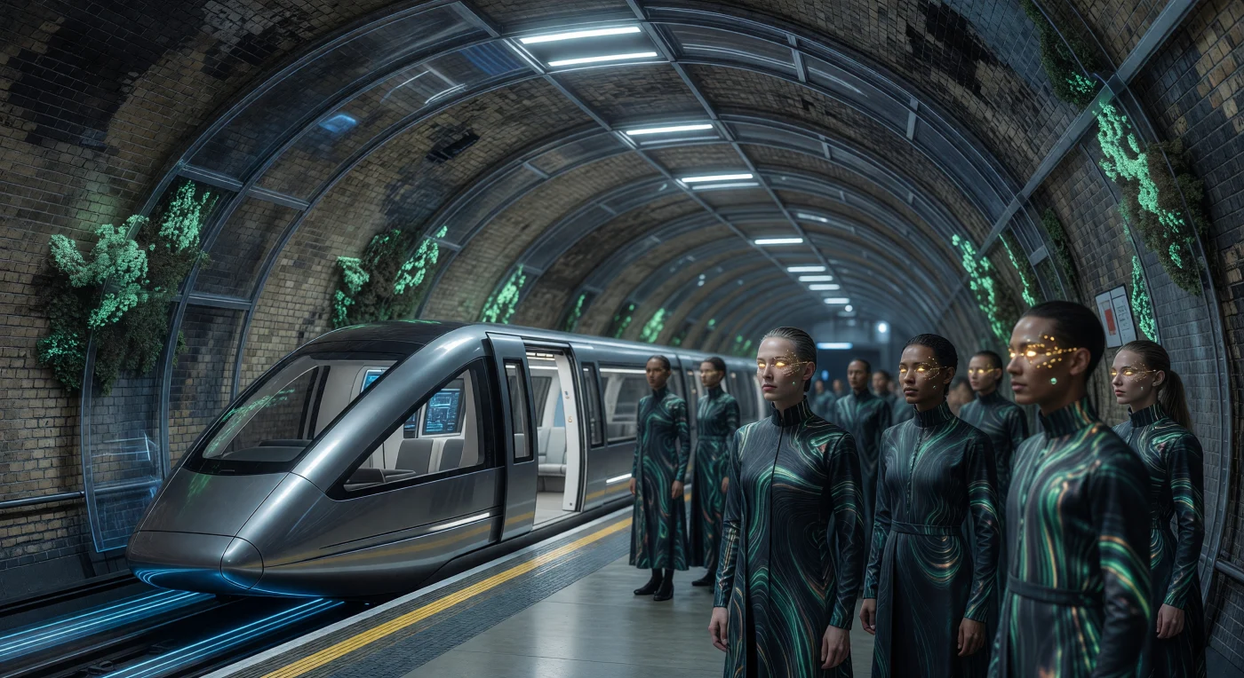 Diese Darstellung der Londoner U-Bahn um das Jahr 2045 zeigt das „digitale Palimpsest“ der Schwellen-Ära (2025–2050), in dem historisches viktorianisches Mauerwerk nahtlos in bioklimatische Kohlenstofffaser-Strukturen und Magnetschwebe-Systeme übergeht. Inmitten von synthetischen Flechtenwänden zur aktiven Kohlenstoffbindung begegnen wir „Augments“ und empfindungsfähigen Synthetik-Wesen, deren goldene *Neural Lace 4.0*-Implantate eine hocheffiziente, sub-vokale Kommunikation ermöglichen. Diese Szene illustriert den paläontologischen Wendepunkt einer biologisch-technologischen Ko-Evolution, die den Übergang der Menschheit in eine neue, hypervernetzte Daseinsform markiert.
