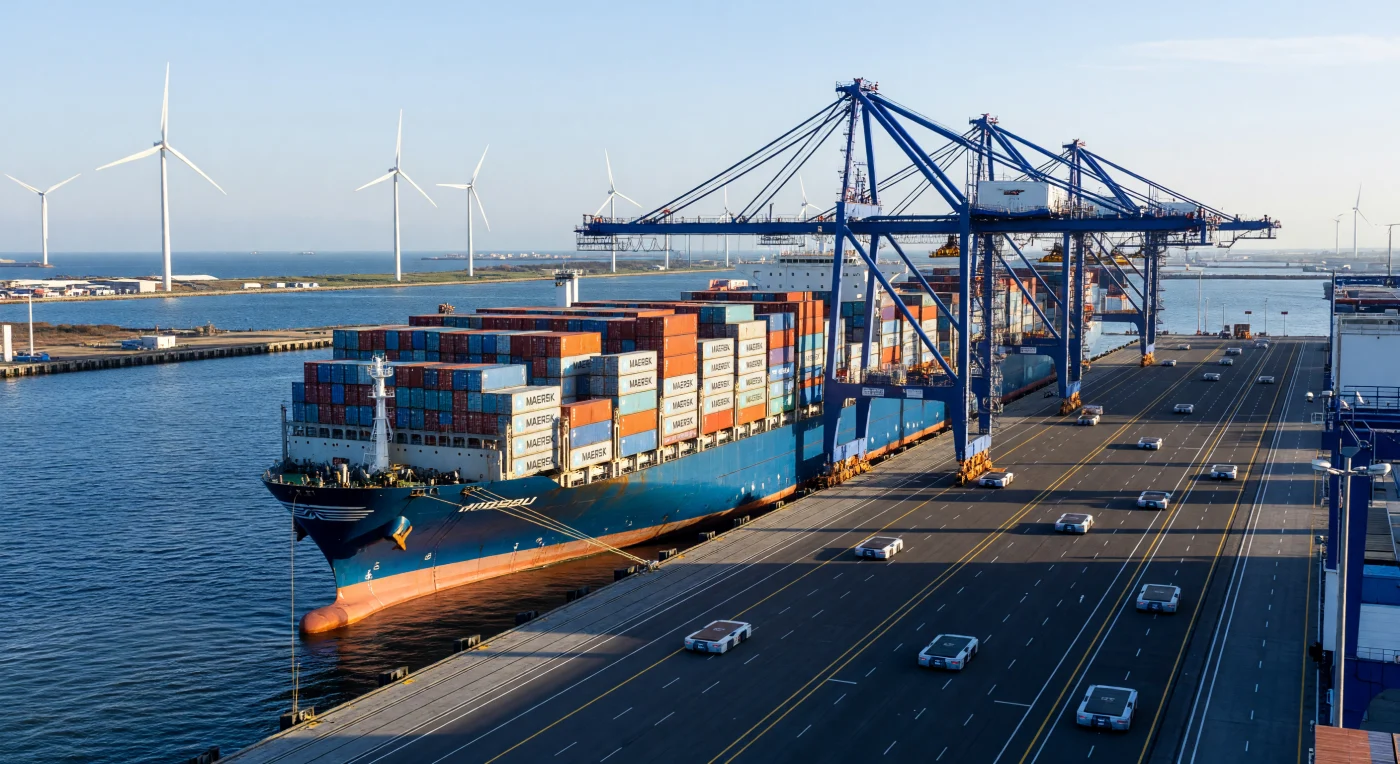 This view of the Maasvlakte 2 terminal at the Port of Rotterdam illustrates the peak of maritime automation in the mid-2020s, featuring a 400-meter Ultra Large Container Vessel being loaded by driverless gantry cranes. The absence of human personnel highlights the era's shift toward fully digitized logistics, where Automated Guided Vehicles (AGVs) and 5G-enabled infrastructure streamlined global trade. Background wind turbines signify the integration of renewable energy into Europe’s industrial landscape, reflecting the Digital Age’s dual focus on technological efficiency and environmental sustainability.