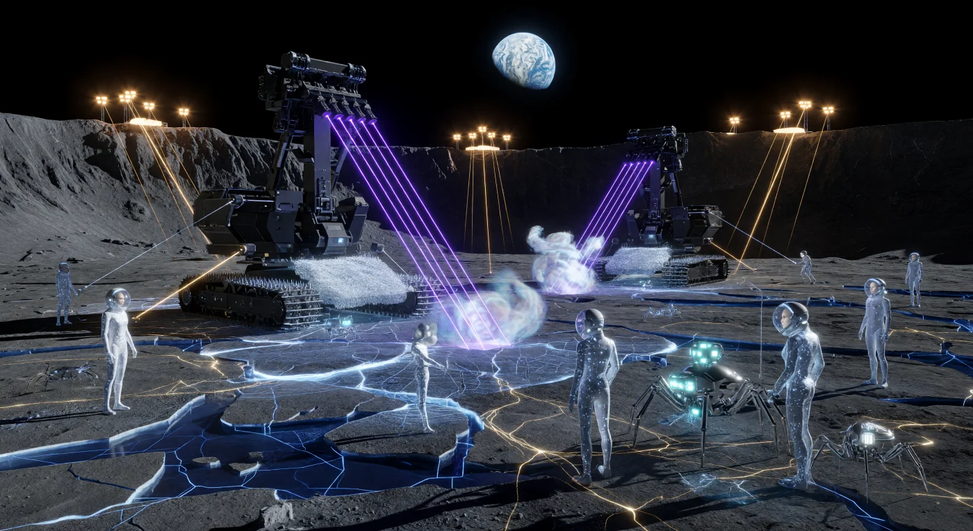Within the permanently shadowed Shackleton Crater around 2075 AD, massive automated crawlers utilize high-intensity thermal lasers to sublimate ancient water-ice into harvestable vapor. This scene from the "Augmented Dawn" illustrates a specialized workforce of spindly, low-gravity-adapted "Selene-born" humans and multi-limbed digital consciousnesses known as "Hollowed" units as they coordinate resource extraction under the cold glow of a distant Earth. The high-contrast lunar environment is illuminated by amber microwave energy beams from the nearby Peaks of Eternal Light, while digital overlays help technicians identify Helium-3 deposits and ice density within the dark, jagged regolith.