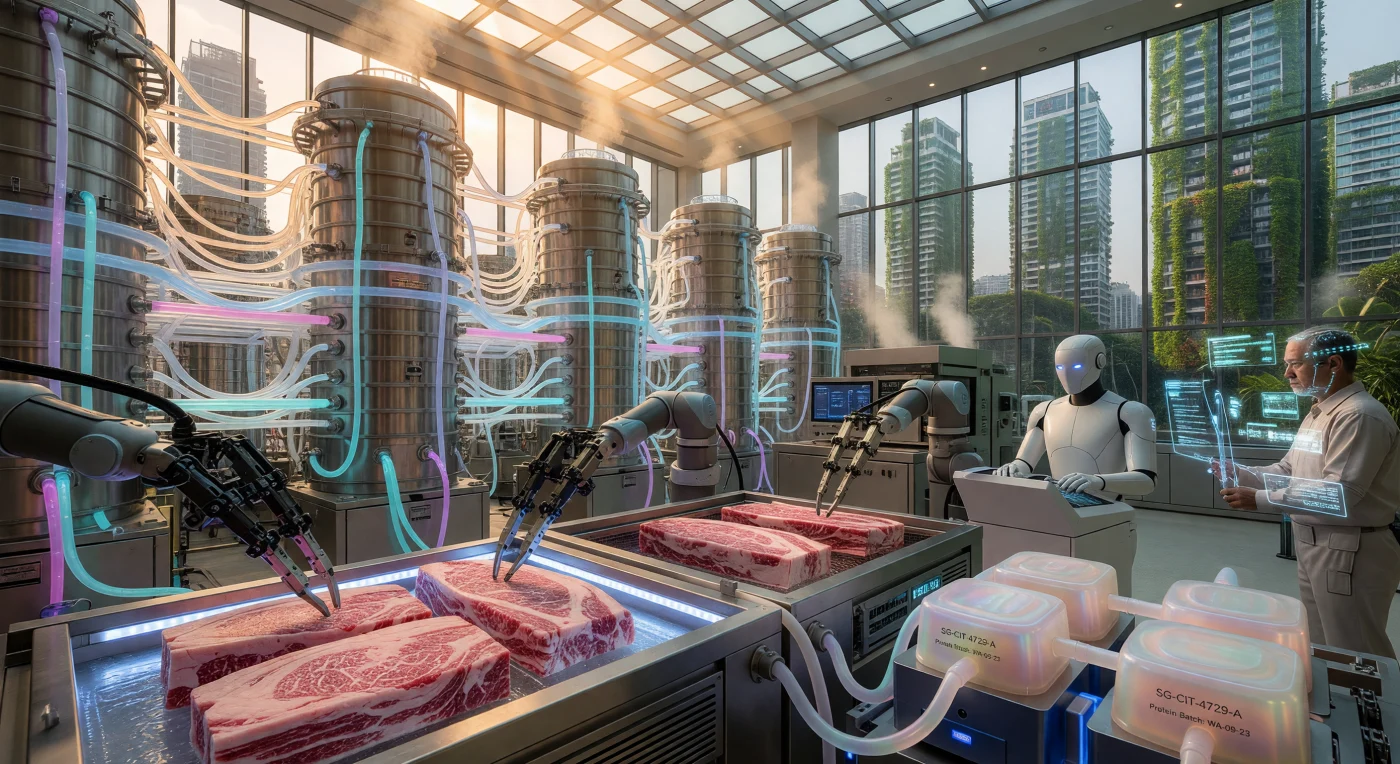 In dieser Rekonstruktion eines singapurischen Zellkultur-Labors aus der Ära des „Threshold“ (ca. 2025–2050) extrahieren automatisierte Karbonfaser-Arme im Labor gezüchtetes Wagyu-Protein (*Bos taurus*) aus massiven Edelstahl-Bioreaktoren. Diese Periode markiert den technologischen Wendepunkt, an dem hocheffiziente Fusionsenergie und molekulare Assemblierung die traditionelle Landwirtschaft durch synthetische Biologie ersetzten. Inmitten vertikaler „Green Towers“ wird hier die Umwandlung von biologischem Gewebe in personalisiertes Nutri-Gel dokumentiert, überwacht von einer symbiotischen Belegschaft aus augmentierten Menschen und synthetischen Entitäten.