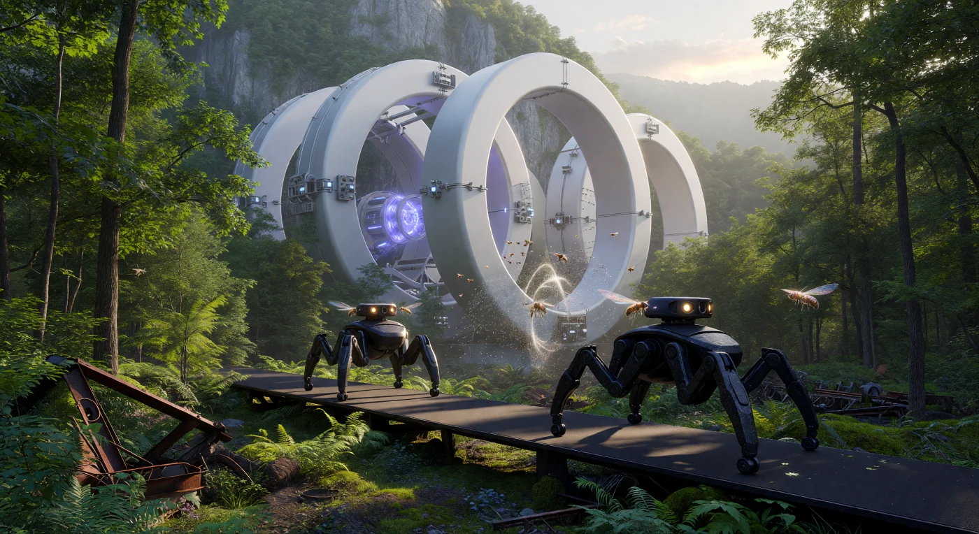 In the rewilded Appalachian Range of 2084, non-humanoid Autonomous Chassis patrol the perimeter of a pulsed magnetic compression fusion reactor, safeguarding the Transatlantic Union’s primary energy infrastructure. These quadrupedal sentries, finished in non-reflective atomic coatings, navigate a high-security "Eden" of genetically optimized oak and maple trees reclaimed during the carbon-scrubbing initiatives of the Augmented Dawn. The scene illustrates the late 21st-century shift toward a Kardashev 0.78 scale civilization, where advanced Deuterium-Helium-3 fusion and bio-engineered ecosystems coexist under the vigilant gaze of sub-sentient AI governors.