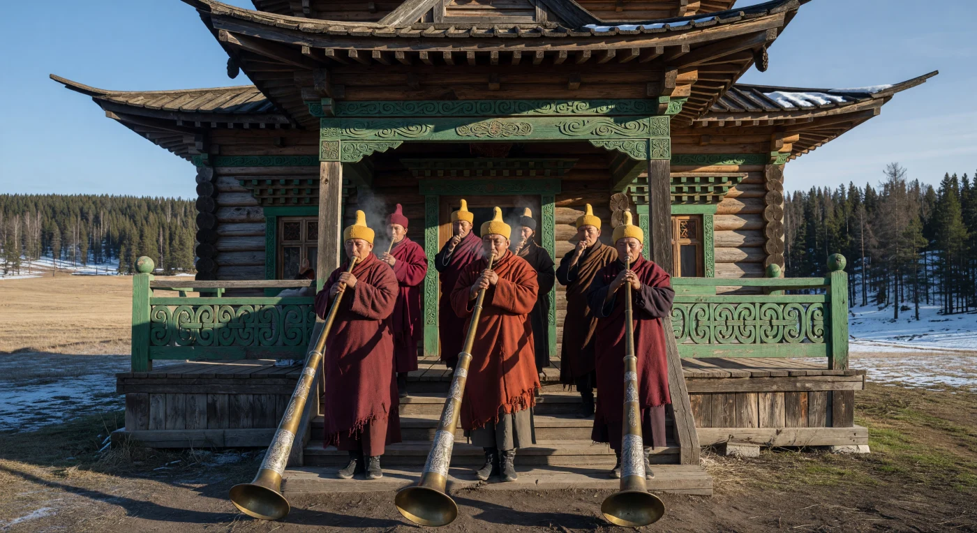 1930년대 초 바이칼 호수 인근의 부랴트 다찬에서 자줏빛 가사를 입은 승려들이 거대한 황동 나팔인 둥첸을 불며 신성한 의식을 거행하고 있습니다. 시베리아산 낙엽송으로 지어진 사찰의 정교한 녹색 목조 조각과 위로 솟은 처마는 이 지역 특유의 시베리아-티베트 융합 건축 양식을 잘 보여주며, 승려들의 입가에는 차가운 공기에 섞인 하얀 입김이 서려 있습니다. 이 장면은 소련의 급격한 사회 변화와 종교 억압이 시작되기 전, 북아시아 부랴트족이 수 세기 동안 지켜온 영적 전통과 문화적 정체성을 유지하던 마지막 순간을 생생하게 포착하고 있습니다.