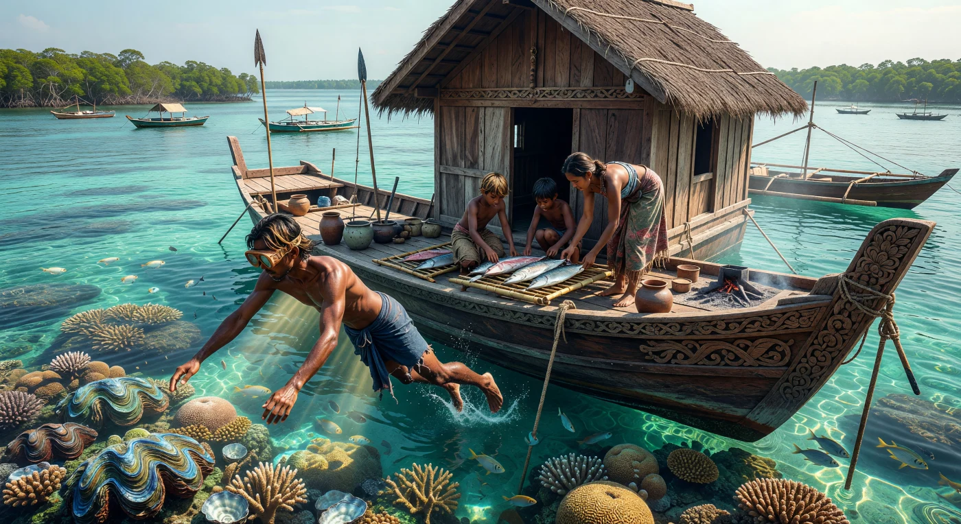 Een Bajau-duiker met een handgesneden houten duikbril duikt vanaf een rijk gedecoreerde *lepa-lepa* woonboot in de Sulu-zee op zoek naar kostbare pareloesters en reuzenmosselen. Terwijl zijn familie op het dek vis droogt in de tropische zon, illustreert deze scène de unieke maritieme levenswijze van de "zeenomaden" tijdens de 16e-eeuwse bloeiperiode van Zuidoost-Azië. Deze bevolkingsgroep stond bekend om hun uitzonderlijke fysieke aanpassing aan het water en vormde een vitale schakel in de internationale handel van de Renaissance door het leveren van zeldzame mariene producten.