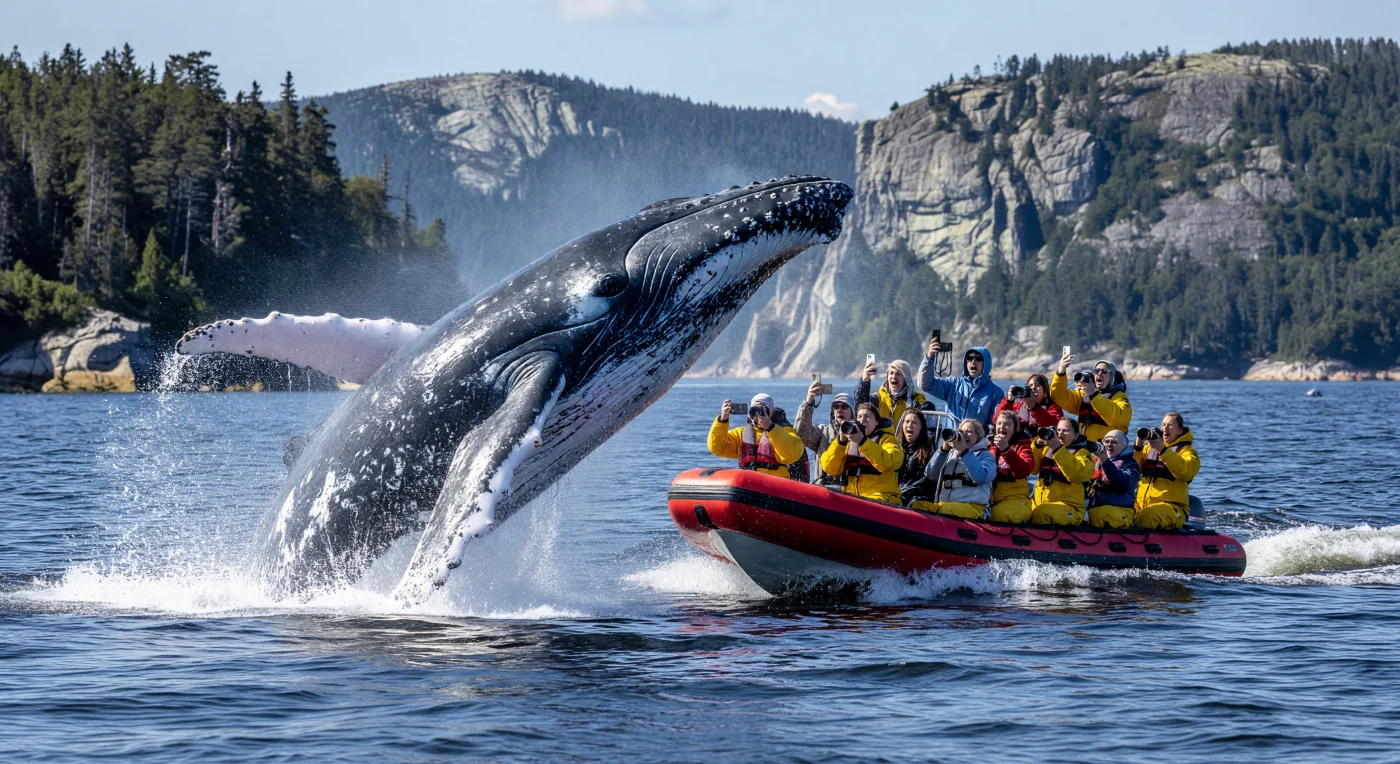 Près de Tadoussac, au Québec, une baleine à bosse effectue un saut spectaculaire devant un groupe de touristes équipés de smartphones et d'appareils reflex de haute précision. Revêtus de combinaisons d'immersion en GORE-TEX jaune vif, ces observateurs illustrent parfaitement l'« économie de l'expérience » du début du XXIe siècle, cherchant à immortaliser la puissance de la mégafaune marine à travers le prisme de la technologie numérique. En arrière-plan, les falaises de granit du fjord du Saguenay et la forêt boréale encadrent cette rencontre emblématique entre la nature sauvage de l'estuaire du Saint-Laurent et l'humanité hyper-connectée de l'ère numérique.
