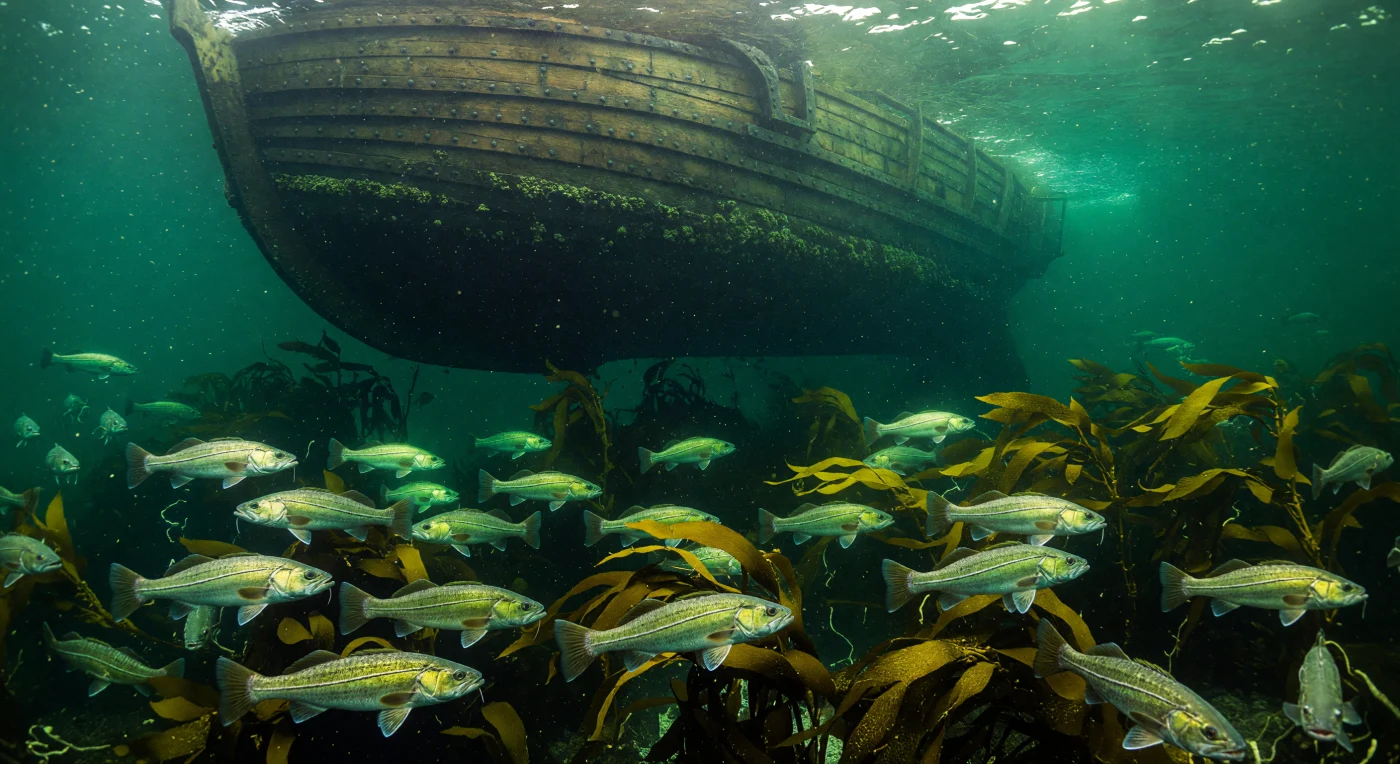 Sous l'imposante coque à clin d'un rouage hanséatique, d'immenses bancs de morues de l'Atlantique naviguent à travers une forêt dense de varech dans les eaux émeraude des Grands Bancs, vers 1495. Cette scène illustre la richesse légendaire des écosystèmes marins nord-américains à l'aube des premières explorations européennes, bien avant l'ère de la pêche industrielle. Les rayons de lumière transpercent les profondeurs riches en nutriments, révélant un monde sous-marin vierge où le bois de chêne des navires médiévaux croise une abondance biologique qui allait bientôt transformer l'histoire et l'économie du continent.