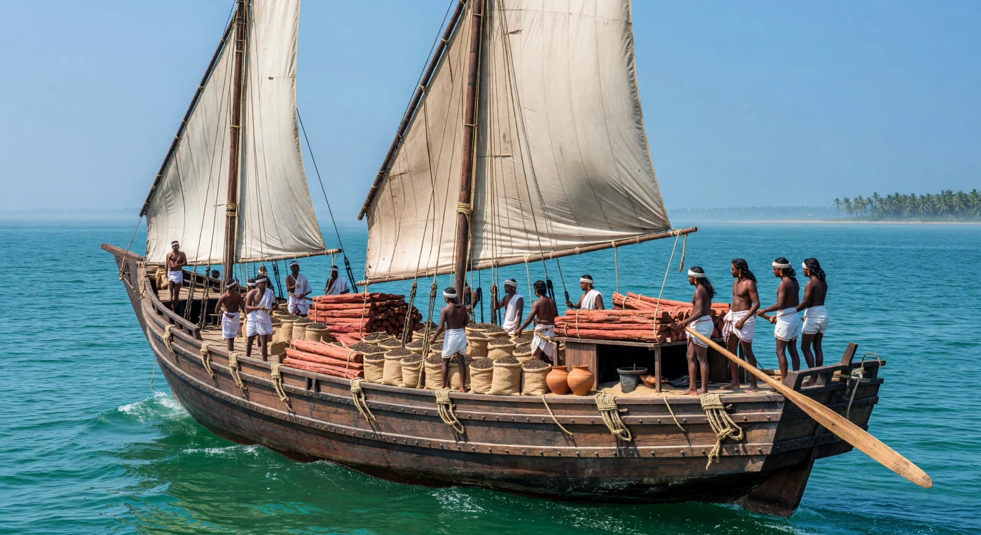 Un imponente navío comercial Chola del siglo XI, construido con tablones de teca cosidos con fibra de coco, navega por las aguas de la Bahía de Bengala cargado de sándalo y valiosa pimienta negra. Esta embarcación, tripulada por expertos marineros tamiles con dhotis tradicionales, representa el apogeo del poderío marítimo del sur de la India y su control sobre las rutas comerciales del Océano Índico. La escena captura la sofisticada ingeniería naval de la época, destacando el uso de velas latinas y grandes remos de dirección para transportar especias preciosas bajo el intenso sol tropical.