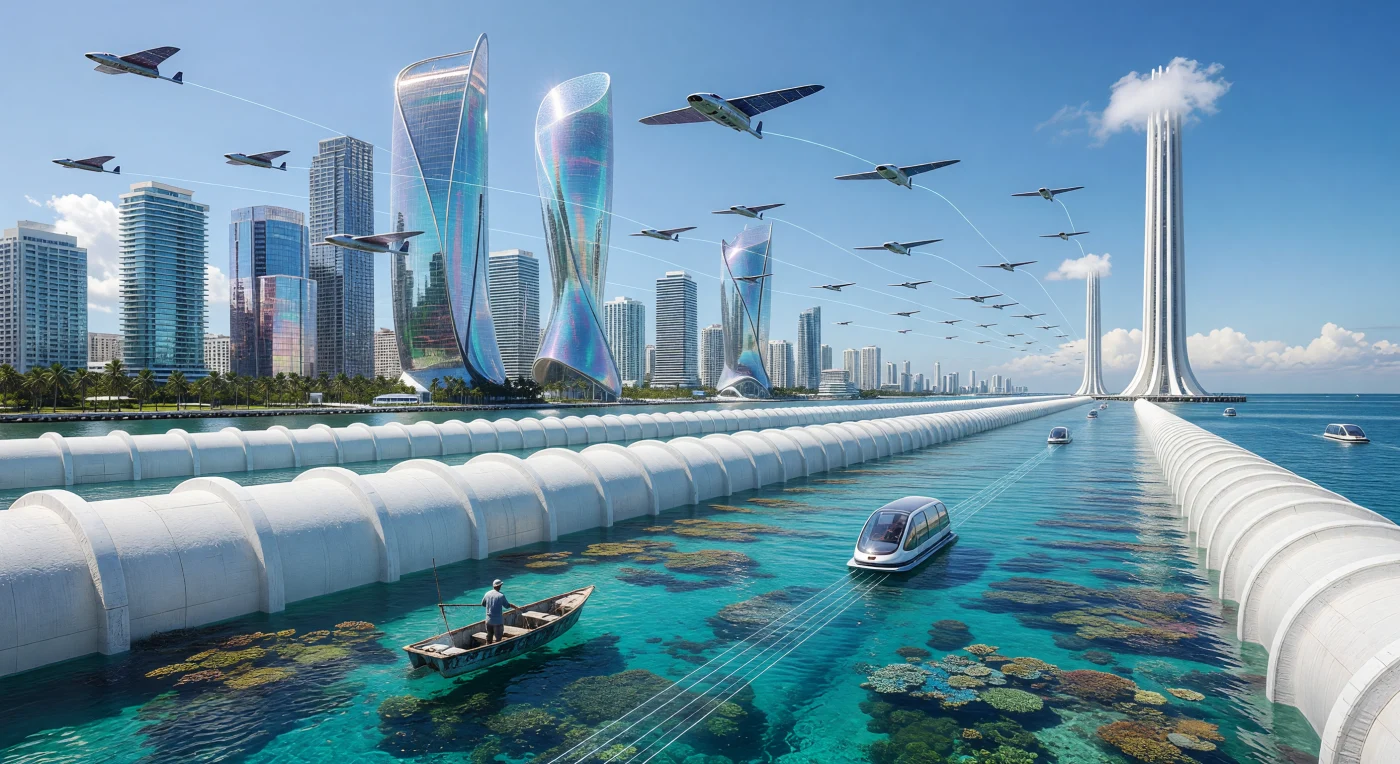Nell'anno 2048, l'Arcipelago di Miami si presenta come un monumento all'ingegneria climatica della "Soglia", dove massicce barriere pneumatiche in polimero "Active-White" proteggono torri biomimetiche in vetro iridescente dall'innalzamento dell'Atlantico. Sotto il bagliore di un sole tropicale ad alta albedo, alianti solari in perovskite-silicio solcano i cieli mentre la vita sottomarina prospera in barriere coralline geneticamente resilienti, filtrate da complessi sistemi di desalinizzazione. Questo ecosistema tecnogenico illustra la complessa coesistenza tra la popolazione "Baseline" e quella "Sinapsizzata", evidenziando il tentativo dell'umanità di stabilizzare la biosfera attraverso la fusione nucleare e la cattura diretta del carbonio.